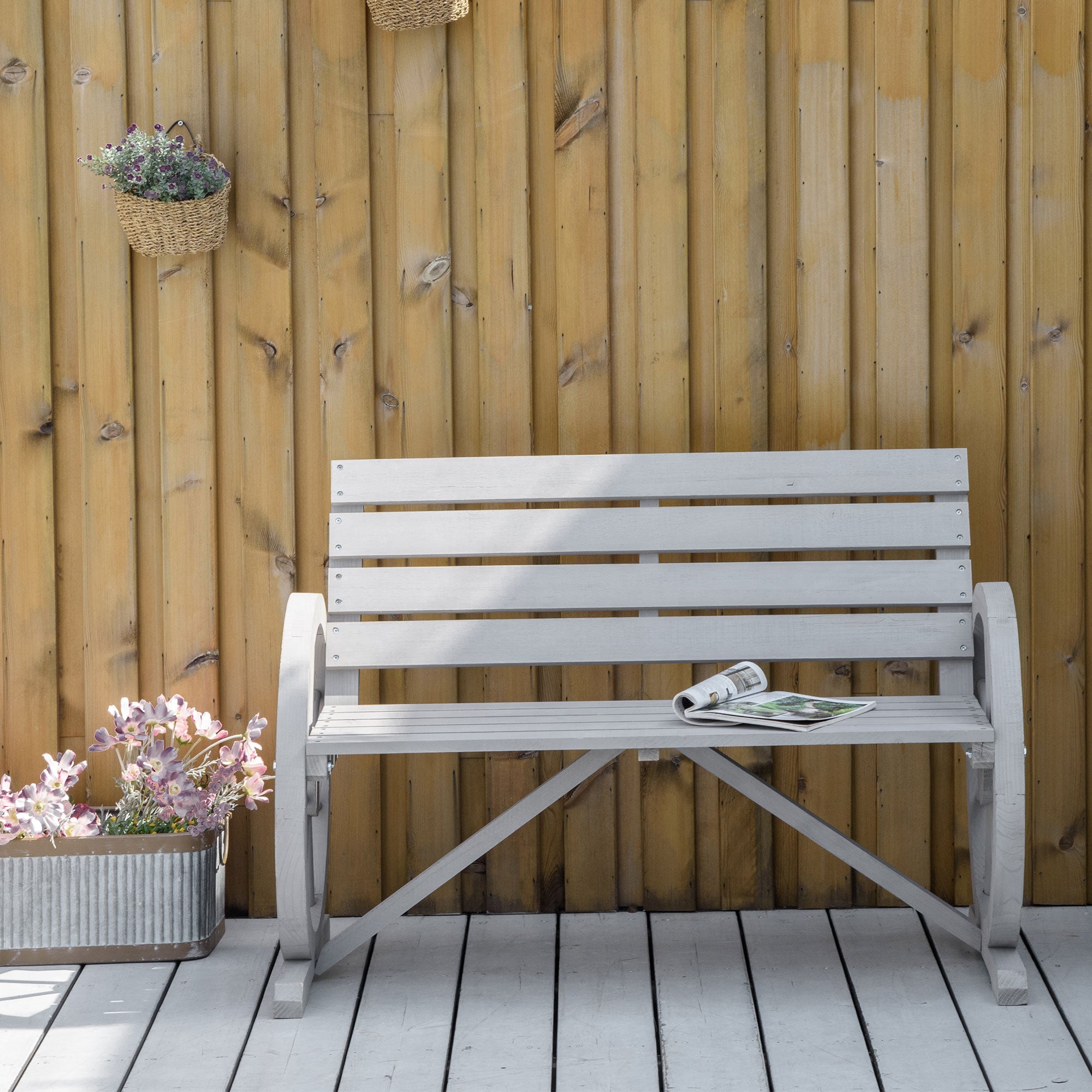 2 Seater Garden Bench Outdoor Garden Armrest Chair with Wooden Cart Wagon Wheel Rustic High Back Grey-1