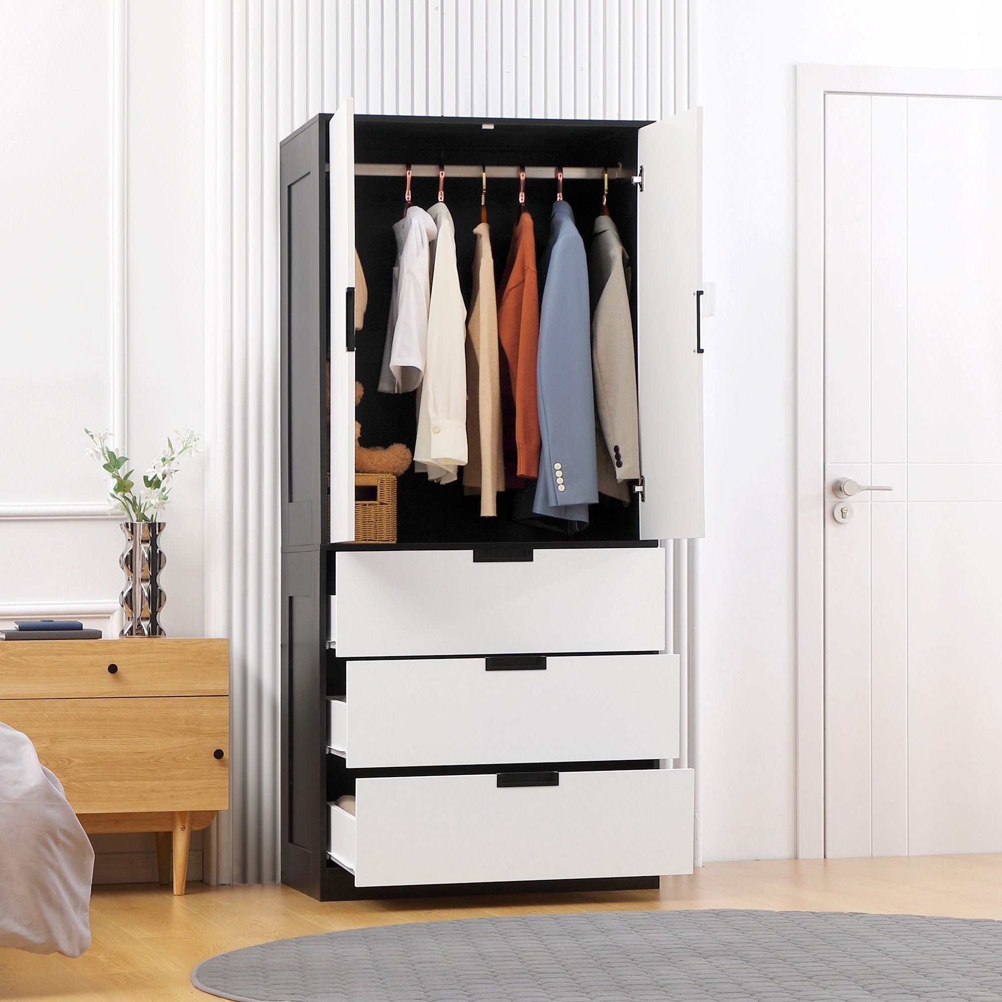 2 Door Wardrobe, Modern Wardrobe with 3 Drawers and Hanging Rod for Bedroom, White-1