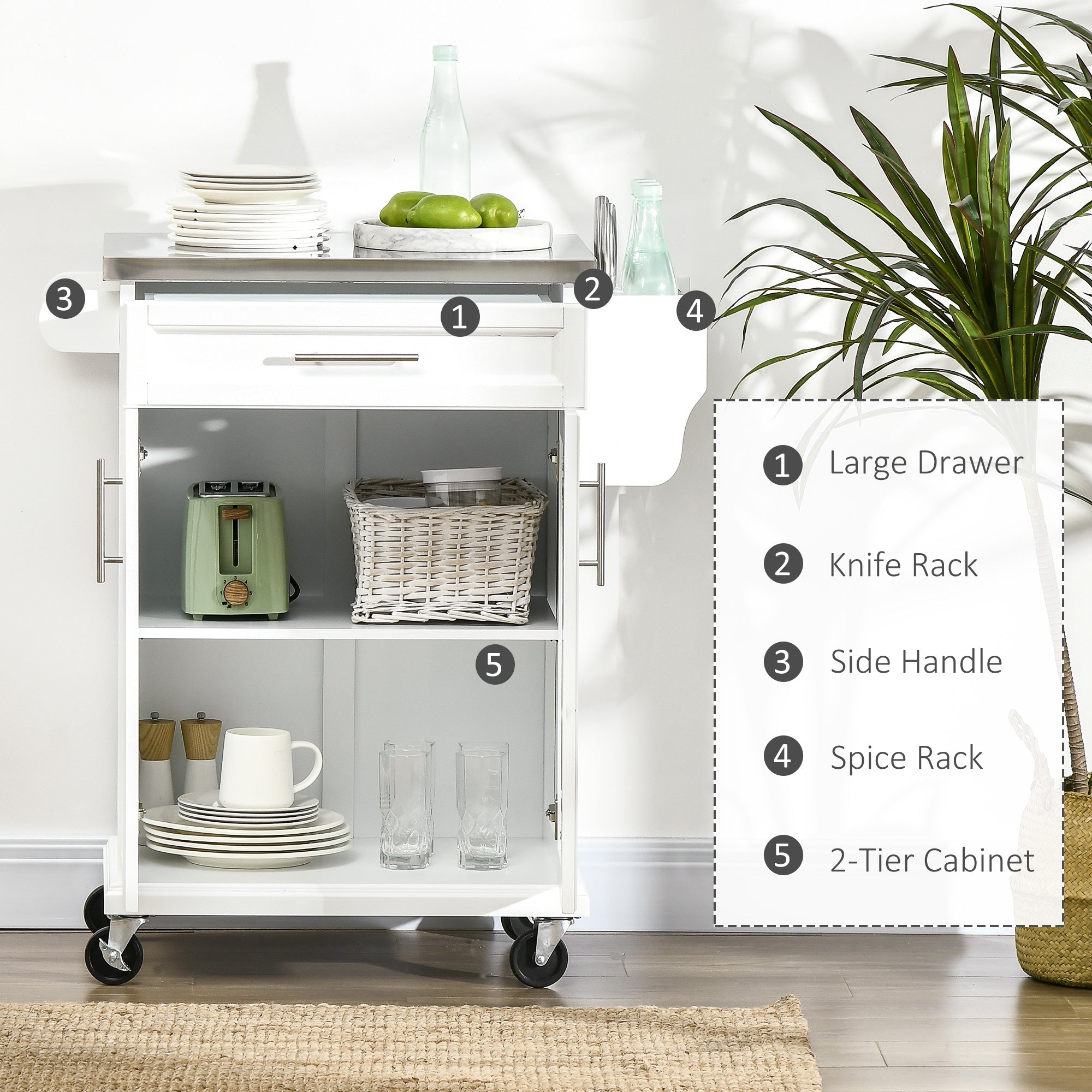 White Wooden Freestanding Kitchen Island on Wheels, Serving Cart Storage Trolley with Stainless Steel Top, Drawer, Side Handle and Rack-3