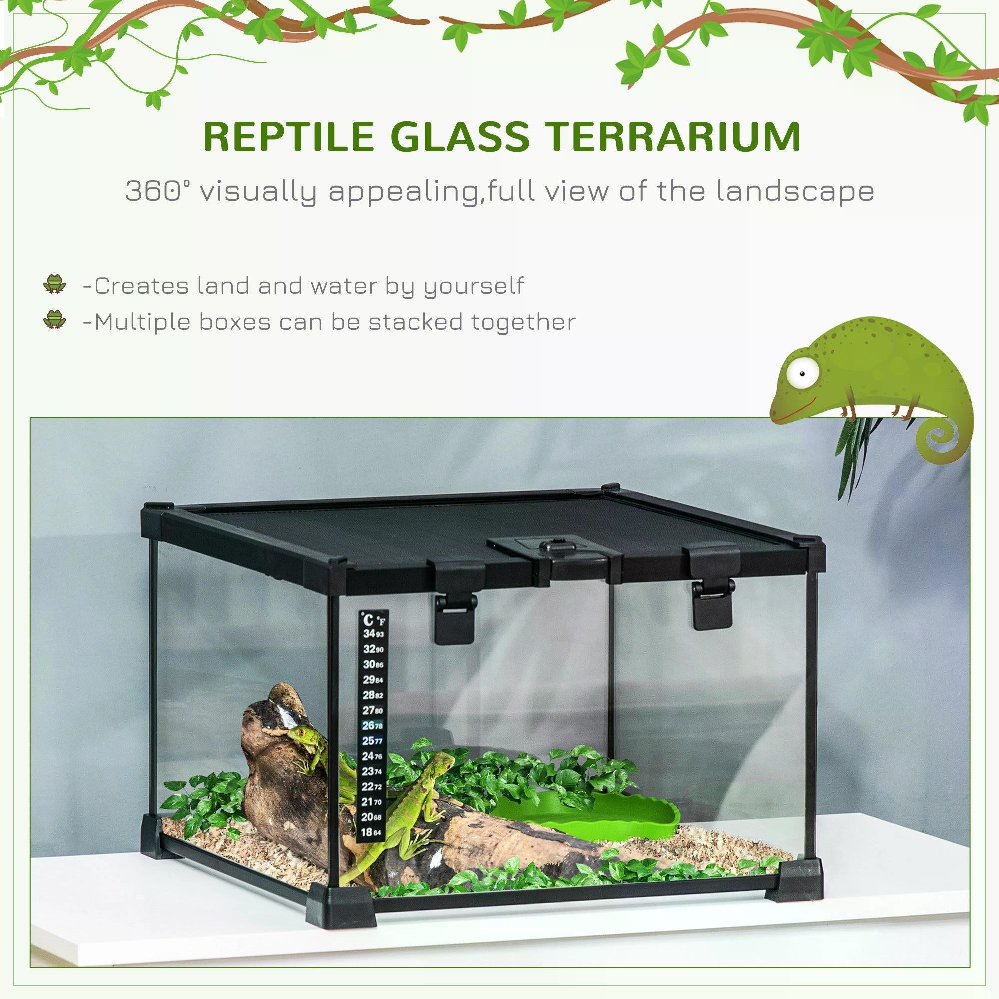 30 x 30 x 20 cm Reptile Glass Terrarium, Reptile Breeding Tank, Climbing pet Glass Containers, Arboreal Box, with Strip Patch Thermometer-Black-3