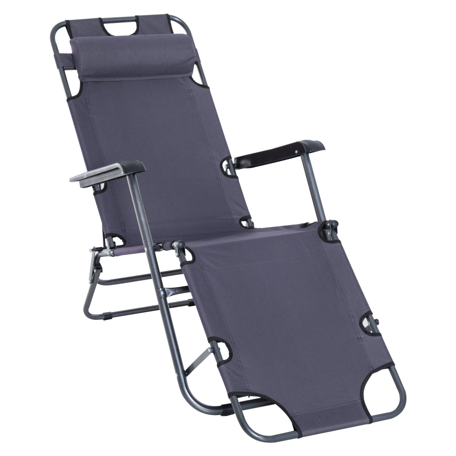 2 in 1 Sun Lounger Folding Reclining Chair Garden Outdoor Camping Adjustable Back with Pillow Grey-0