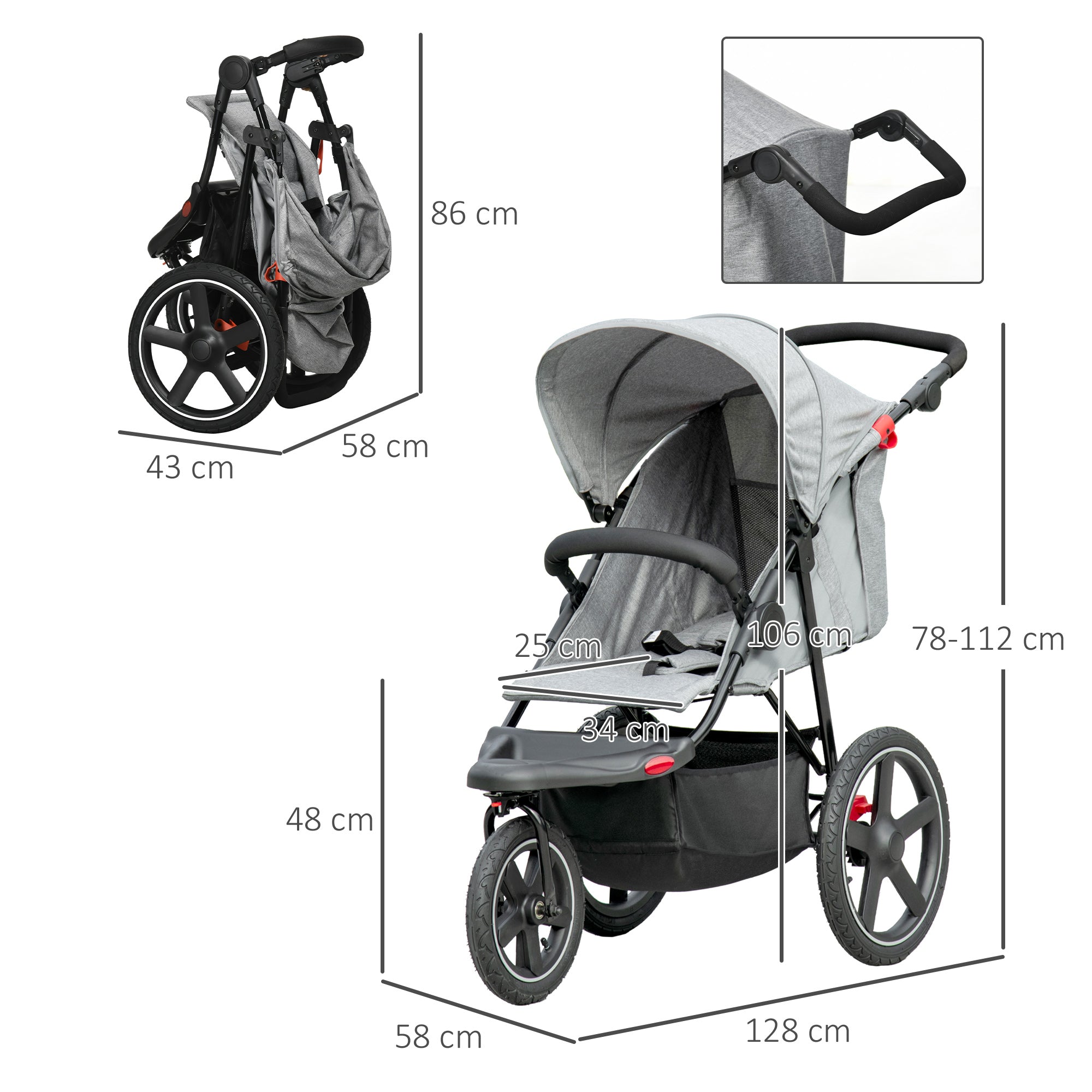 Foldable Three-Wheeler Baby Stroller w/ Canopy, Storage Basket - Grey-2