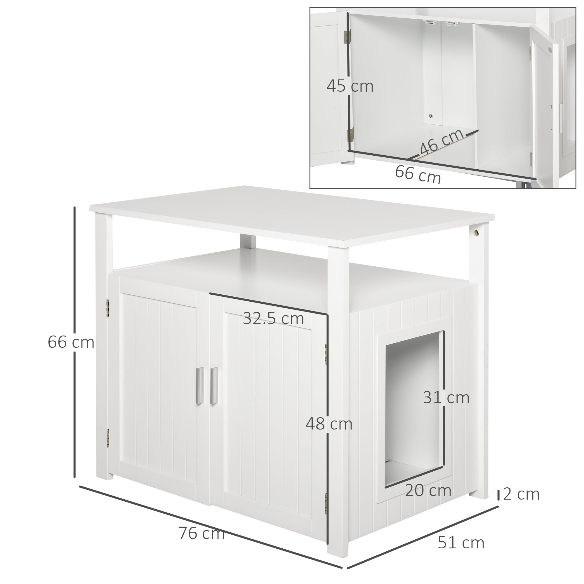 Wooden Cat Litter Box Enclosure Furniture with Adjustable Interior Wall & Large Tabletop for Nightstand, White-2