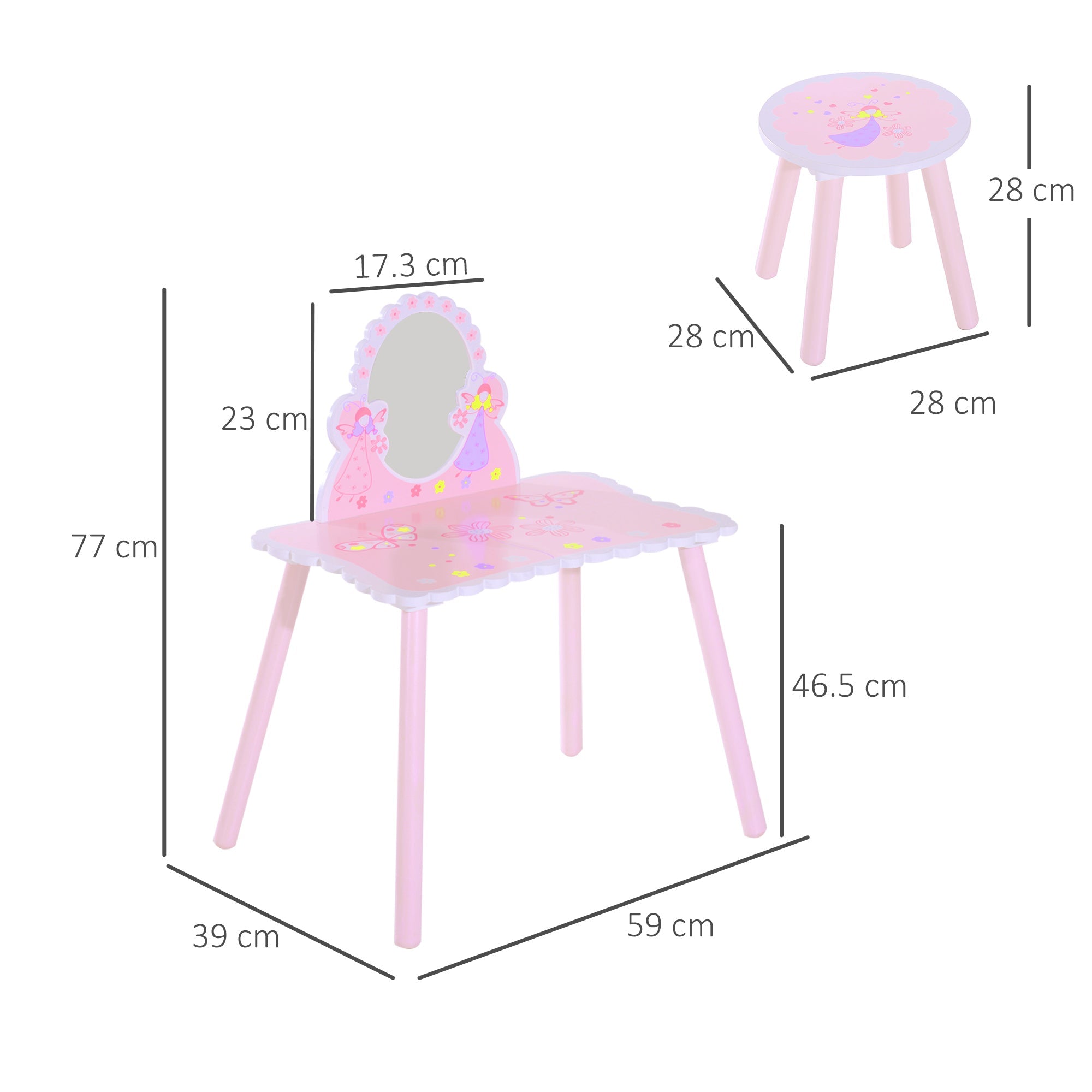 Kids Dressing Table Girls Pink Wooden Kids Dressing Table & Stool Make Up Desk Chair Toys Fairy Dresser Play Set w/Mirror-2