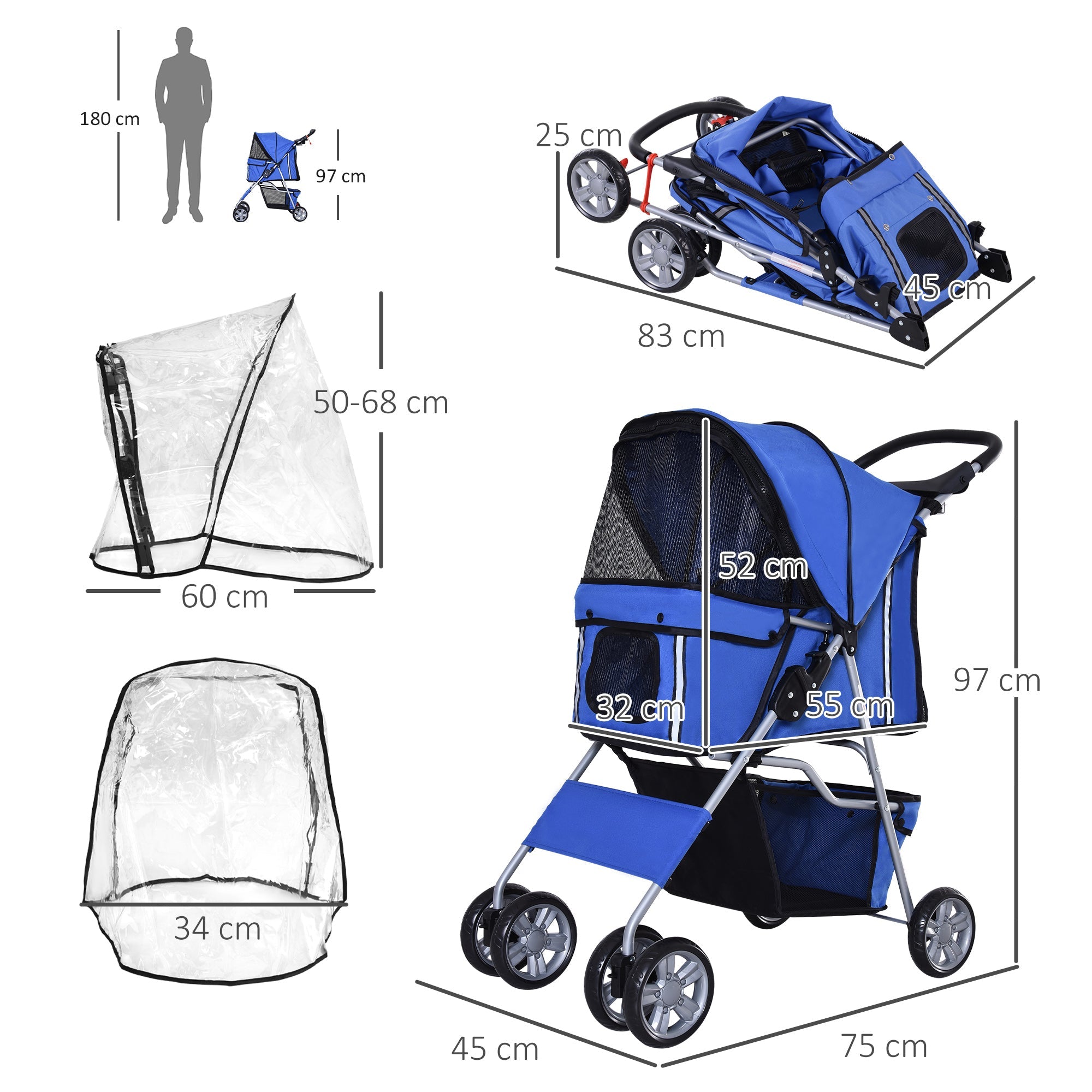 Dog Stroller with Rain Cover for Small Miniature Dogs, Folding Pet Pram with Cup Holder, Storage Basket, Reflective Strips, Blue-2