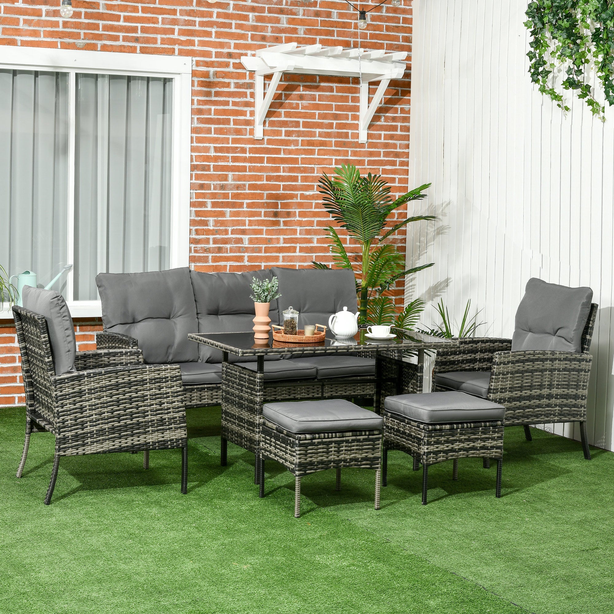 5 Seater Rattan Garden Furniture Set, 2 Armchairs, 3-seater Wicker Sofa, 2 Footstools Glass Table 6 Piece Patio Sofa Sets for Conservatory-1