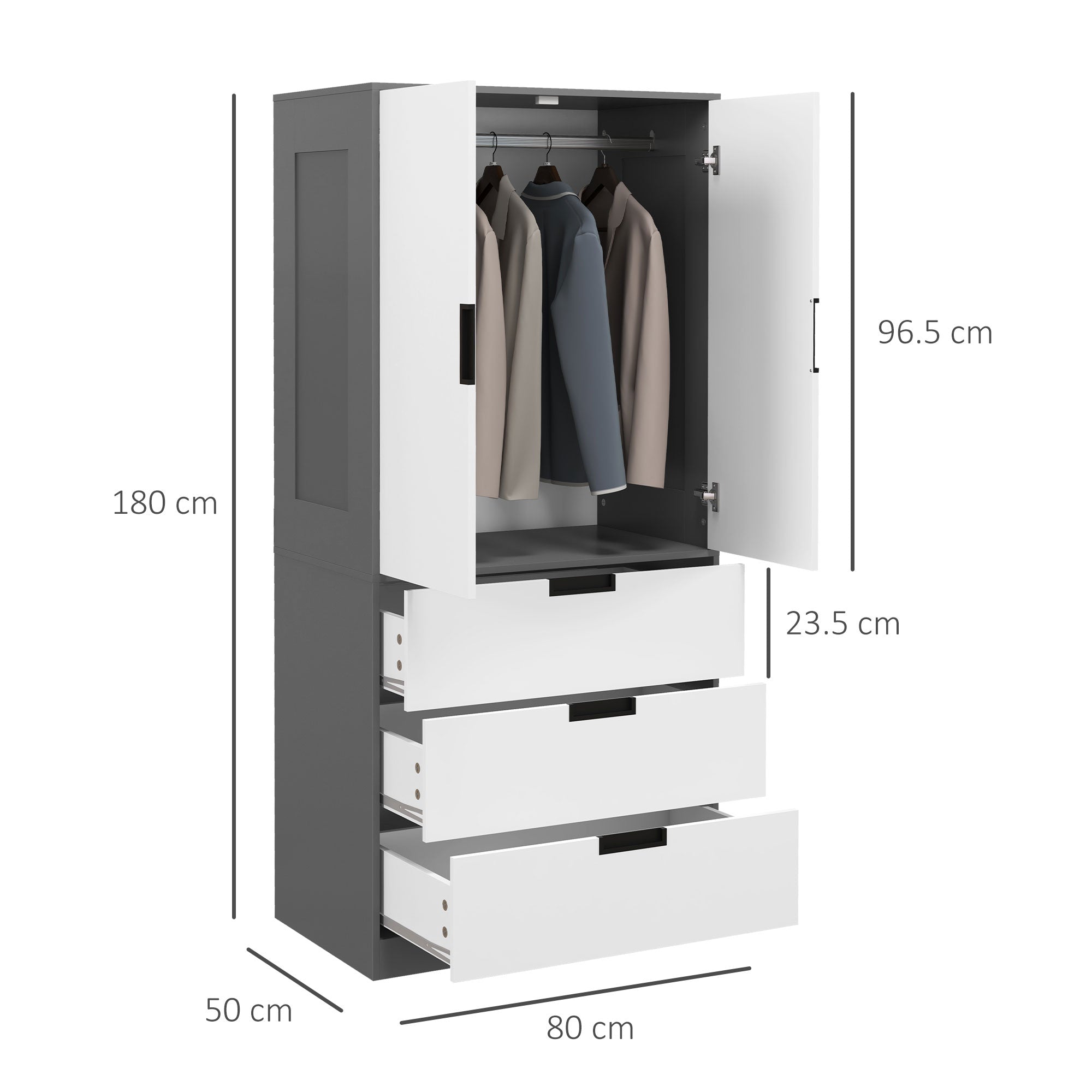 2 Door Wardrobe, Modern Wardrobe with 3 Drawers and Hanging Rod for Bedroom, Grey-2