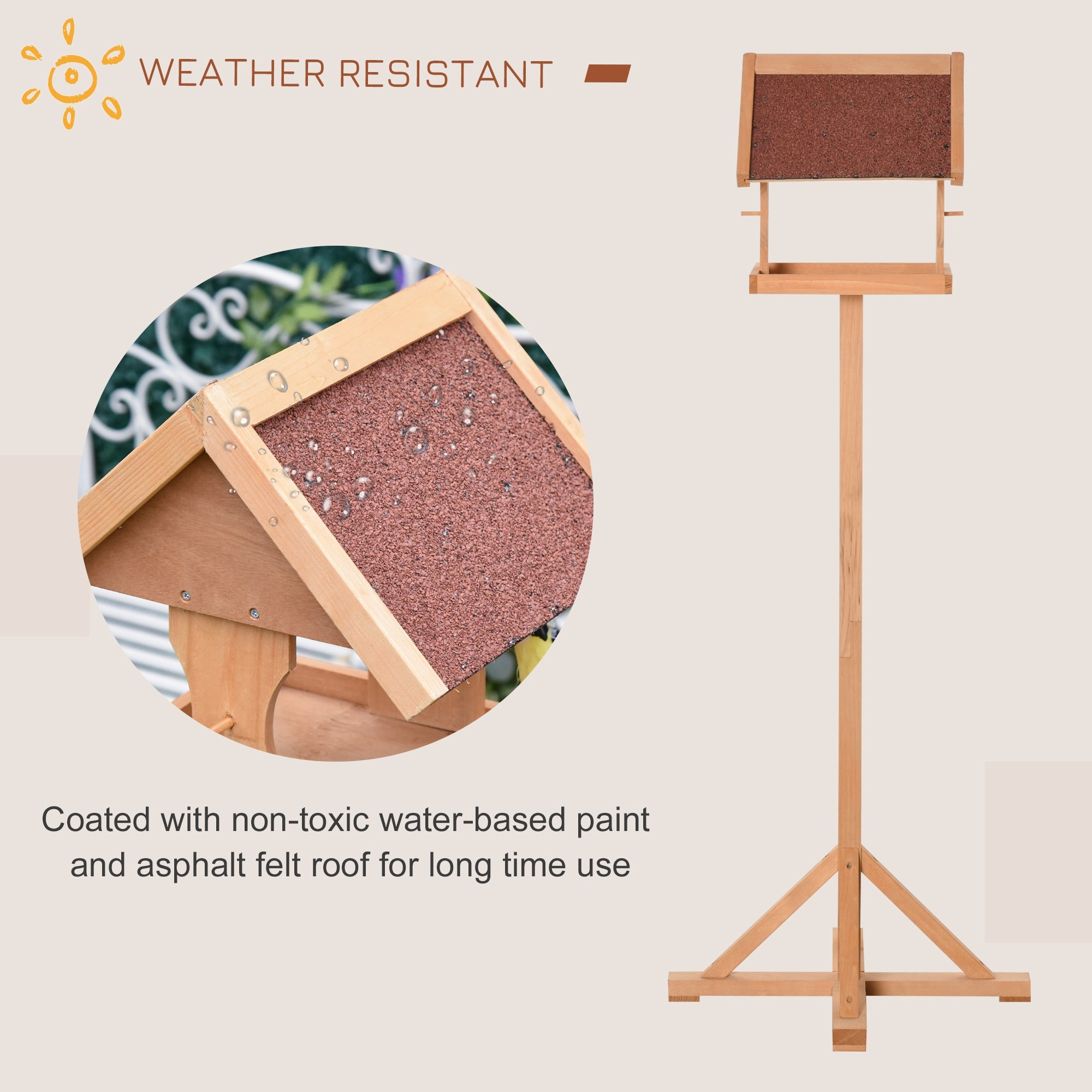 Wooden Bird Feeder Table Freestanding with Weather Resistant Roof Cross-shaped Support Feet for Backyard Pre-cut 55 x 55 x 144cm Natural-4