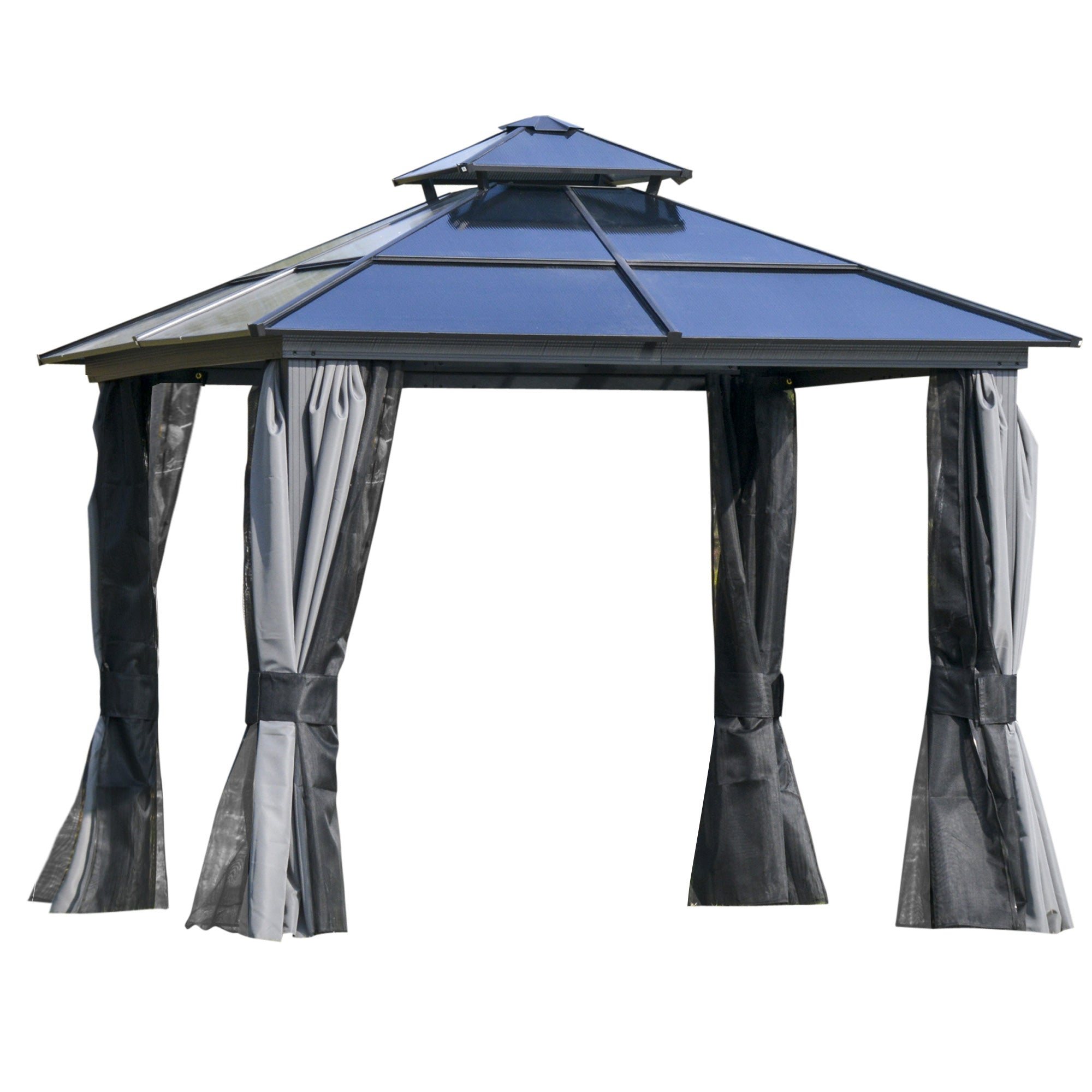 3 x 3(m) Polycarbonate Hardtop Gazebo Canopy with Double-Tier Roof and Aluminium Frame, Garden Pavilion with Mosquito Netting and Curtains-0