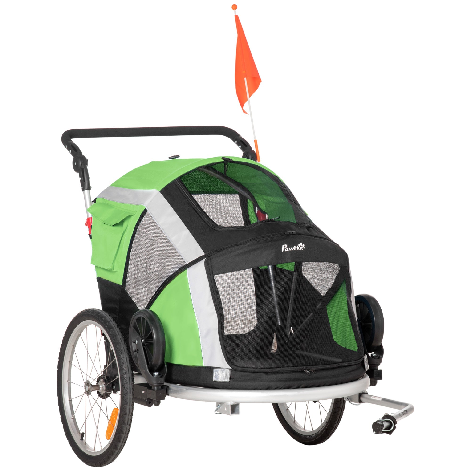 Dog Bike Trailer 2-in-1 Pet Stroller for Large Dogs Cart Foldable Bicycle Carrier Aluminium Frame with Safety Leash Hitch Coupler Flag Green-0