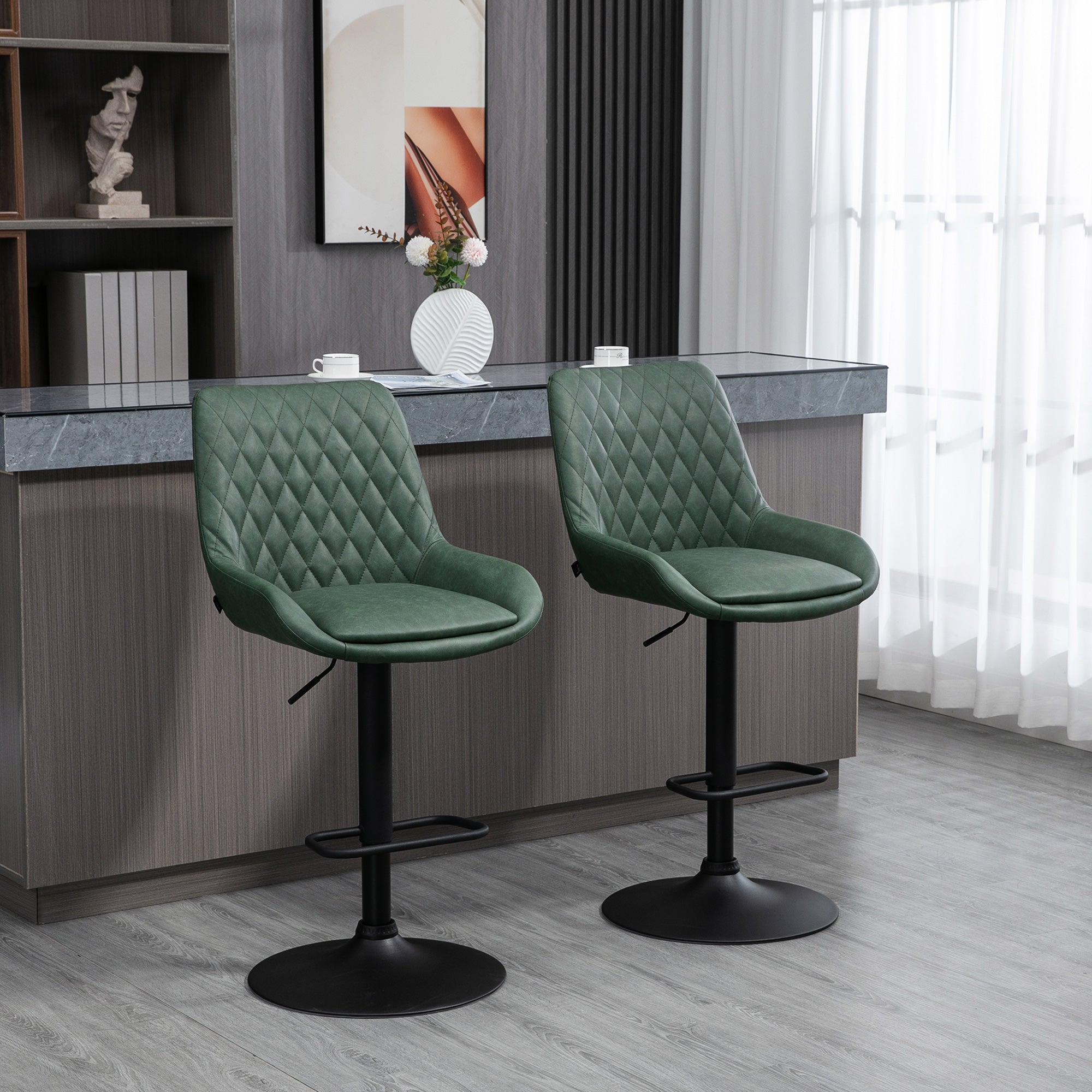 Retro Bar Stools Set of 2, Adjustable Kitchen Stool, Upholstered Bar Chairs with Back, Swivel Seat, Green-1