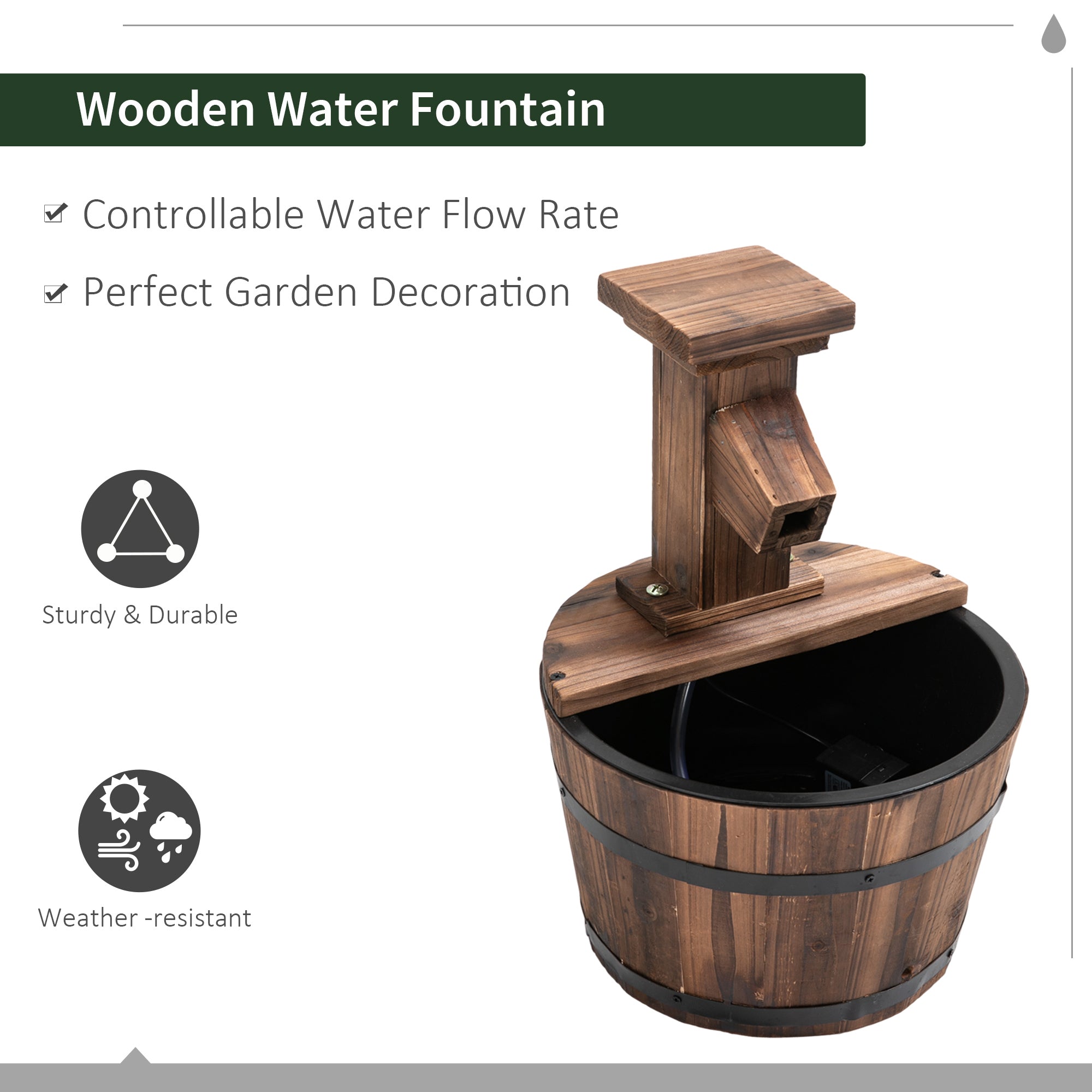 Wood Barrel Pump Patio Water Fountain Water Feature Electric Garden-3