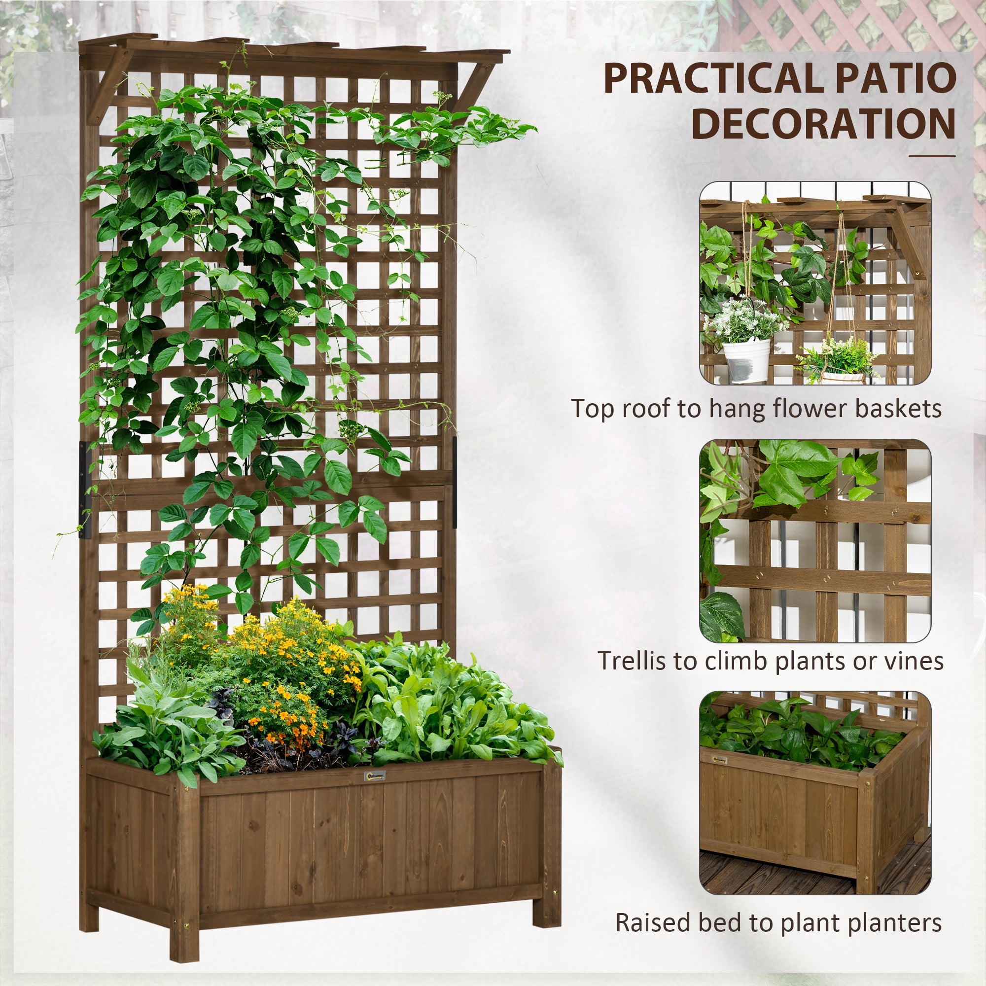 2 Pcs Raised Bed with Drainage Holes, Wood Planter with Trellis for Climbing Plants to Grow Vegetables, Flowers, Brown-3