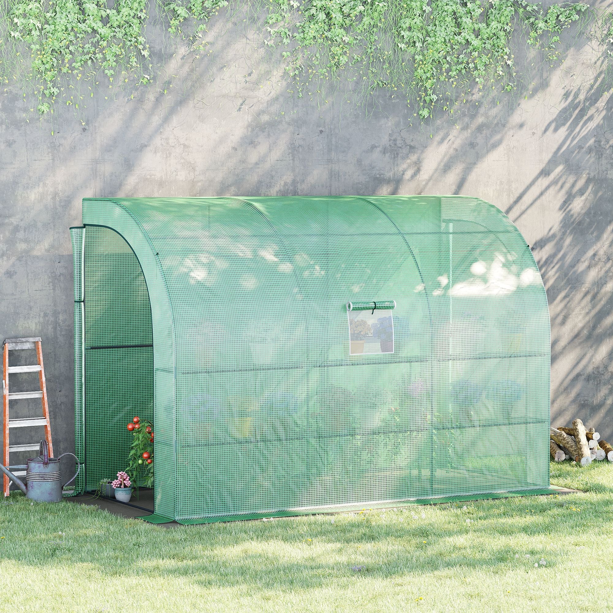 Walk-In Lean to Wall Greenhouse with Windows and Doors 2 Tiers 6 Wired Shelves 300L x 150W x 215Hcm Green-1