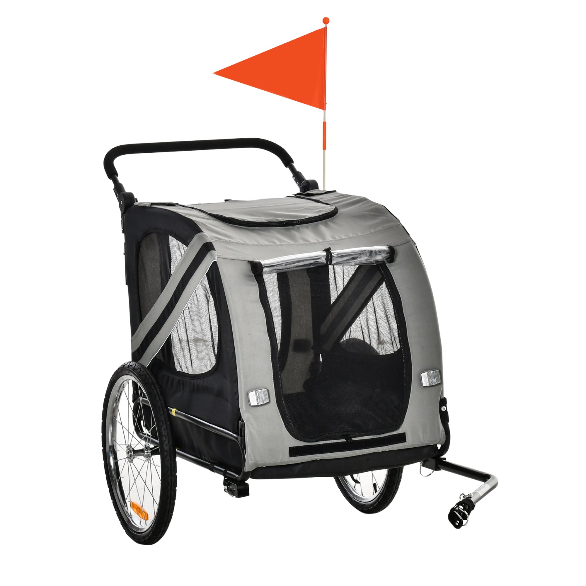 Dog Bike Trailer 2-in-1 Pet Stroller Cart Bicycle Carrier Attachment for Travel in steel frame with Universal Wheel Reflectors Flag Grey-0