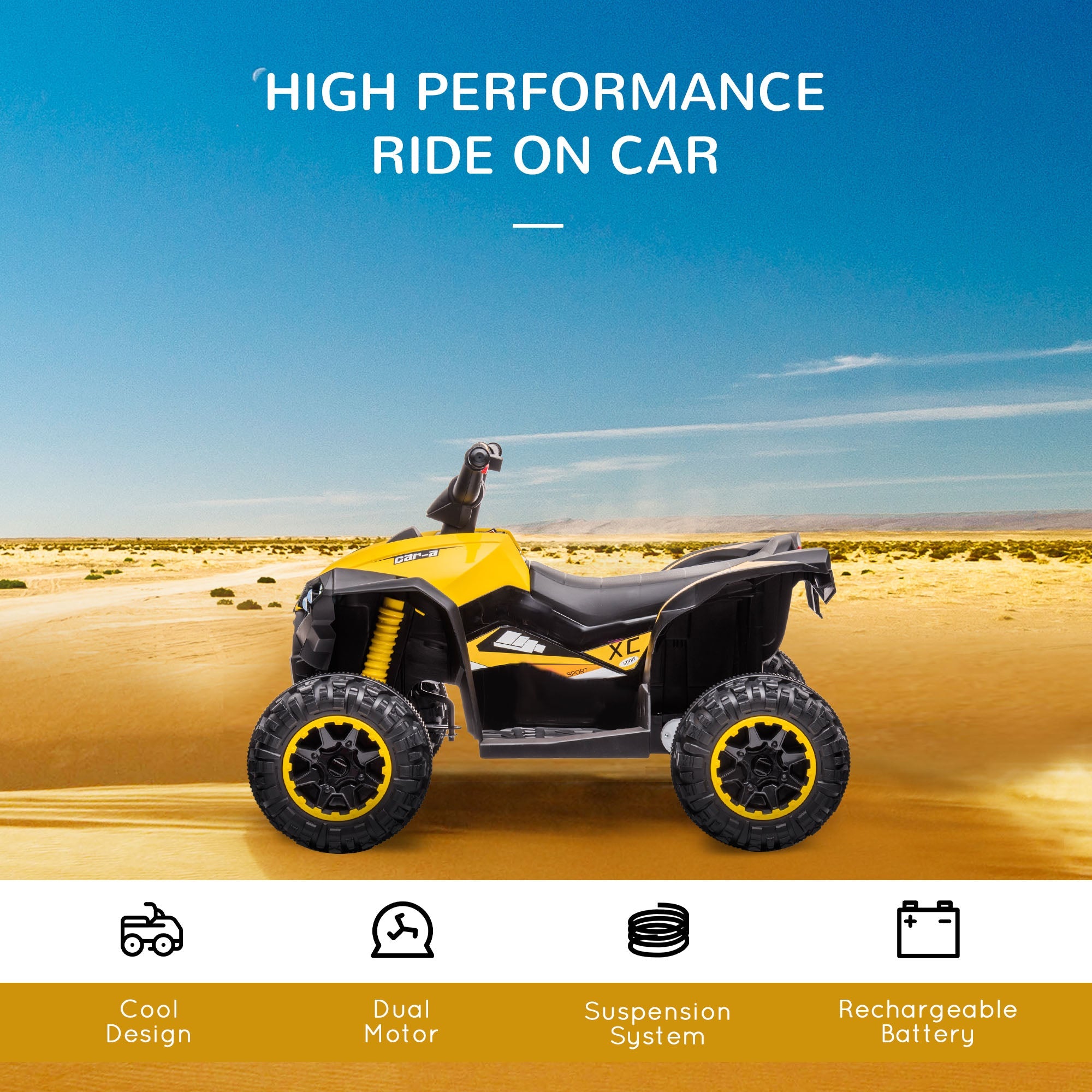 12V Quad Bike with Forward Reverse Functions, Ride on Car ATV Toy with High/Low Speed, Slow Start, Suspension System, Horn, Music, Yellow-3