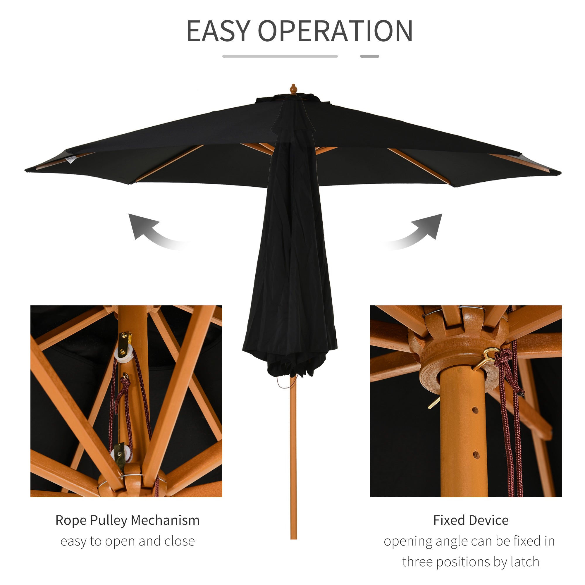 ⌀3m Bamboo Wooden Market Patio Umbrella Garden Parasol Outdoor Sunshade Canopy, 8-ribs,Black-4