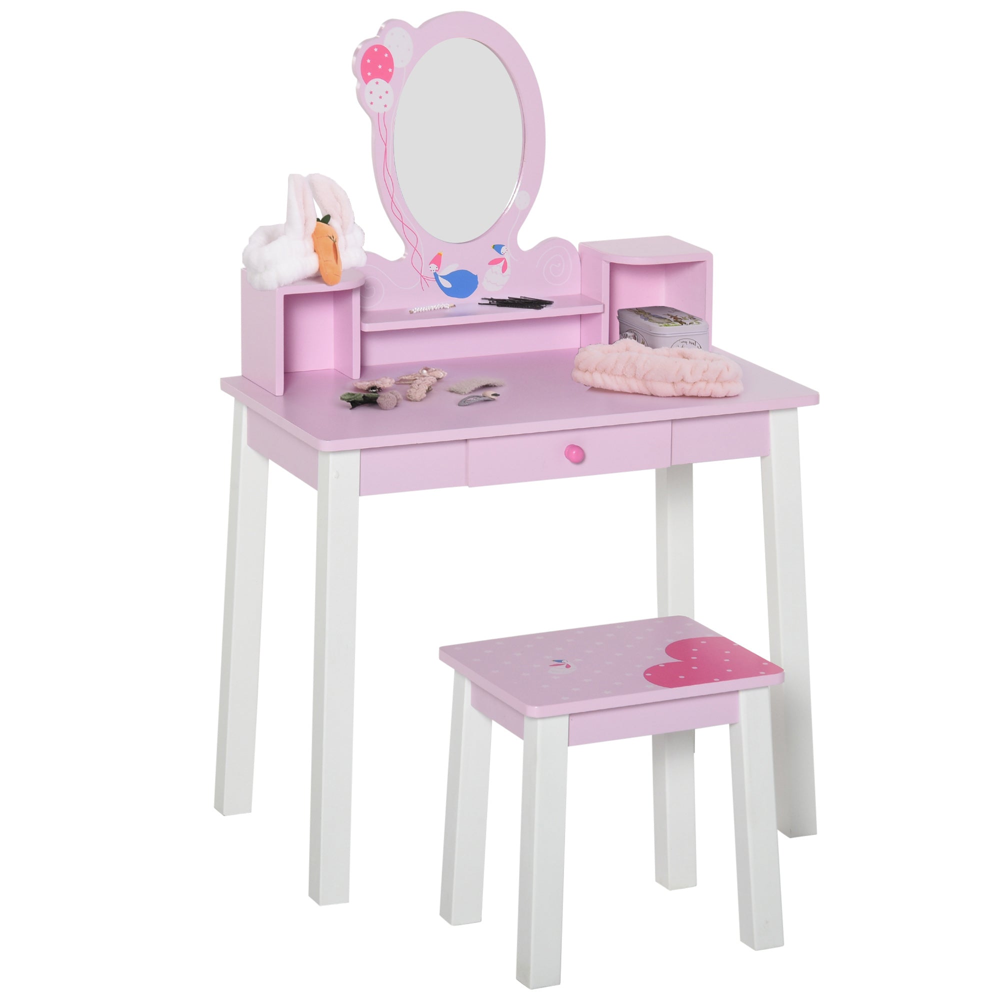 2 PCS Kids Wooden Dressing Table and Stool Girls Vanity Table Makeup Table Set with Mirror Drawers Role Play for Toddlers 3 Year+, Pink White-0