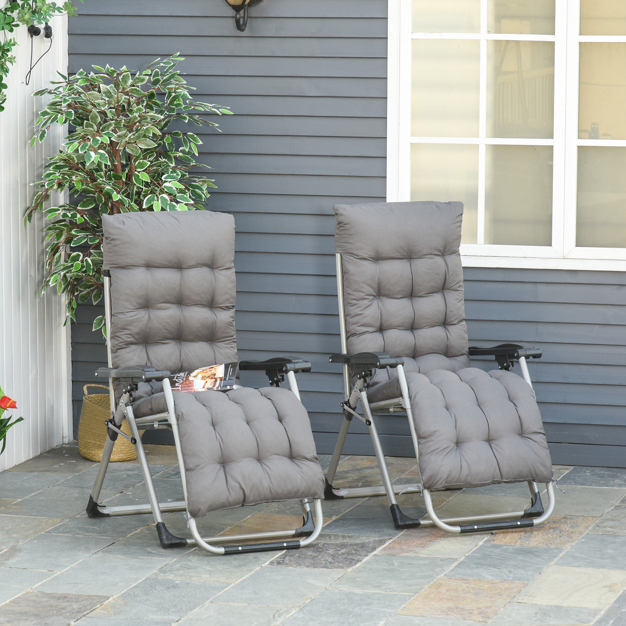 2 Piece Reclining Zero Gravity Chair Folding Garden Sun Lounger with Cushion Headrest Dark Grey-1