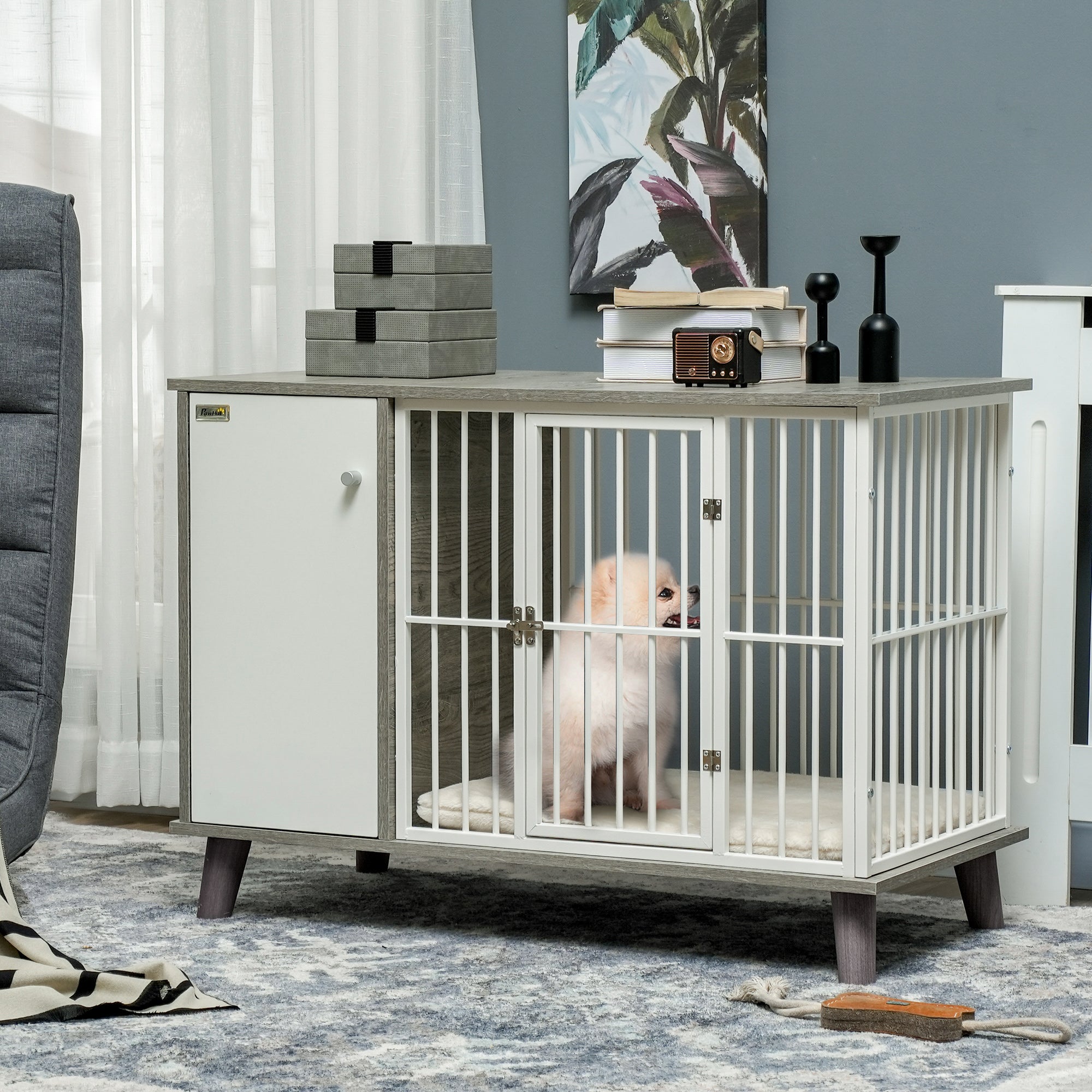 Dog Crate Furniture, Indoor Pet Kennel Cage, Top End Table w/ Soft Cushion, Lockable Door, for Small Dogs, 98 x 48 x 70.5 cm - Grey-1