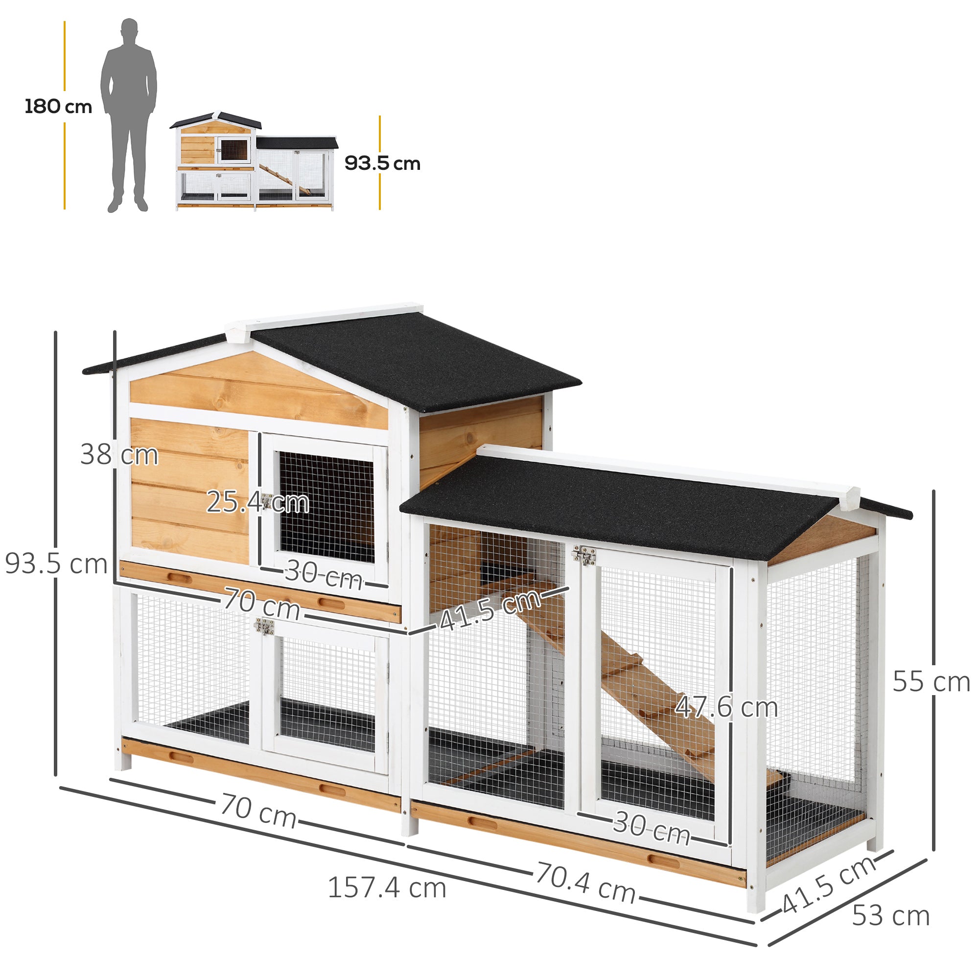 2-Tier Rabbit Hutch Wooden Guinea Pig House Pet Cage Outdoor w/ Sliding-out Tray Ramp, 157.4x53x93.5cm, Yellow-2