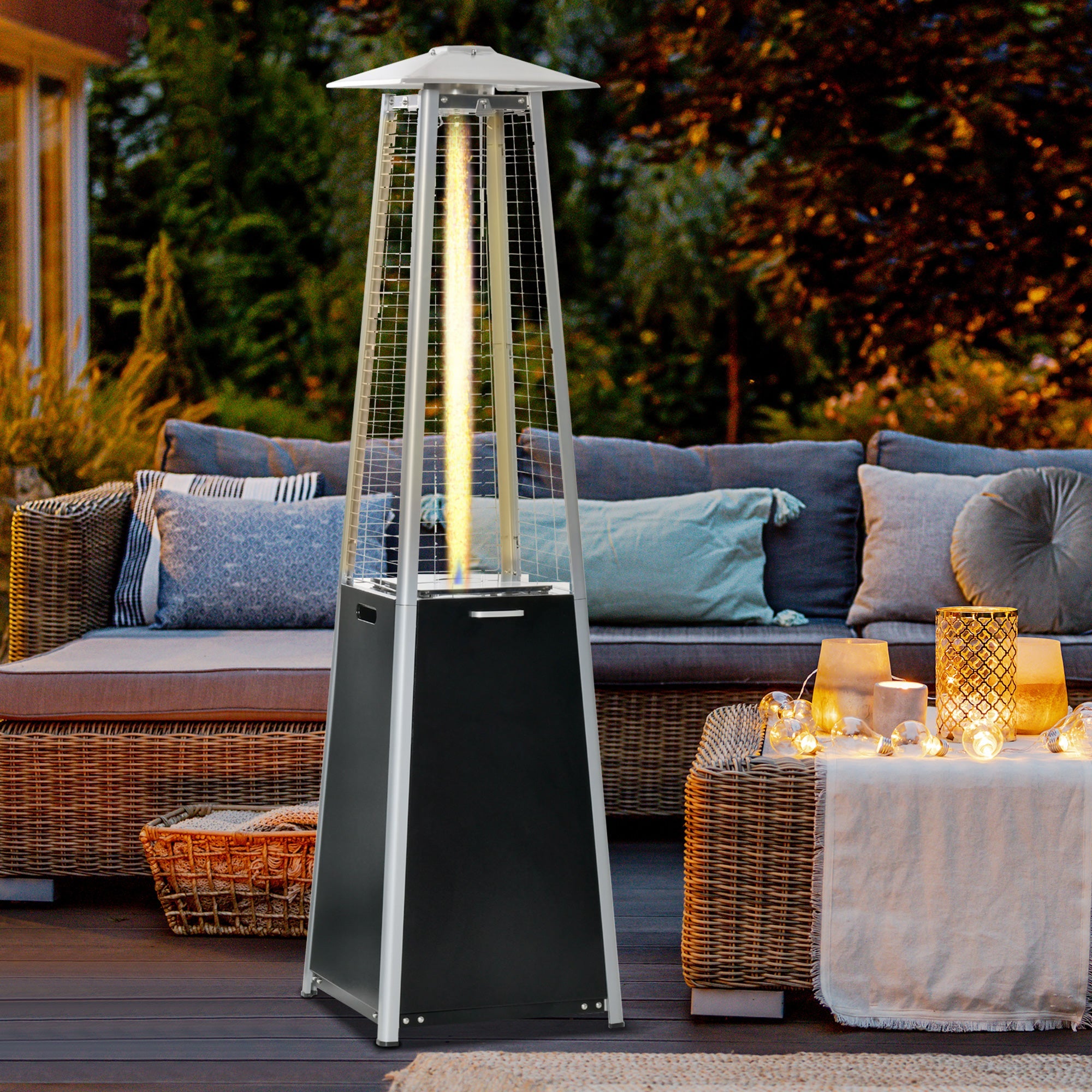 11.2KW Outdoor Patio Gas Heater Freestanding Pyramid Propane Heater Garden Tower Heater with Wheels, Dust Cover, Black, 50 x 50 x 190cm-1