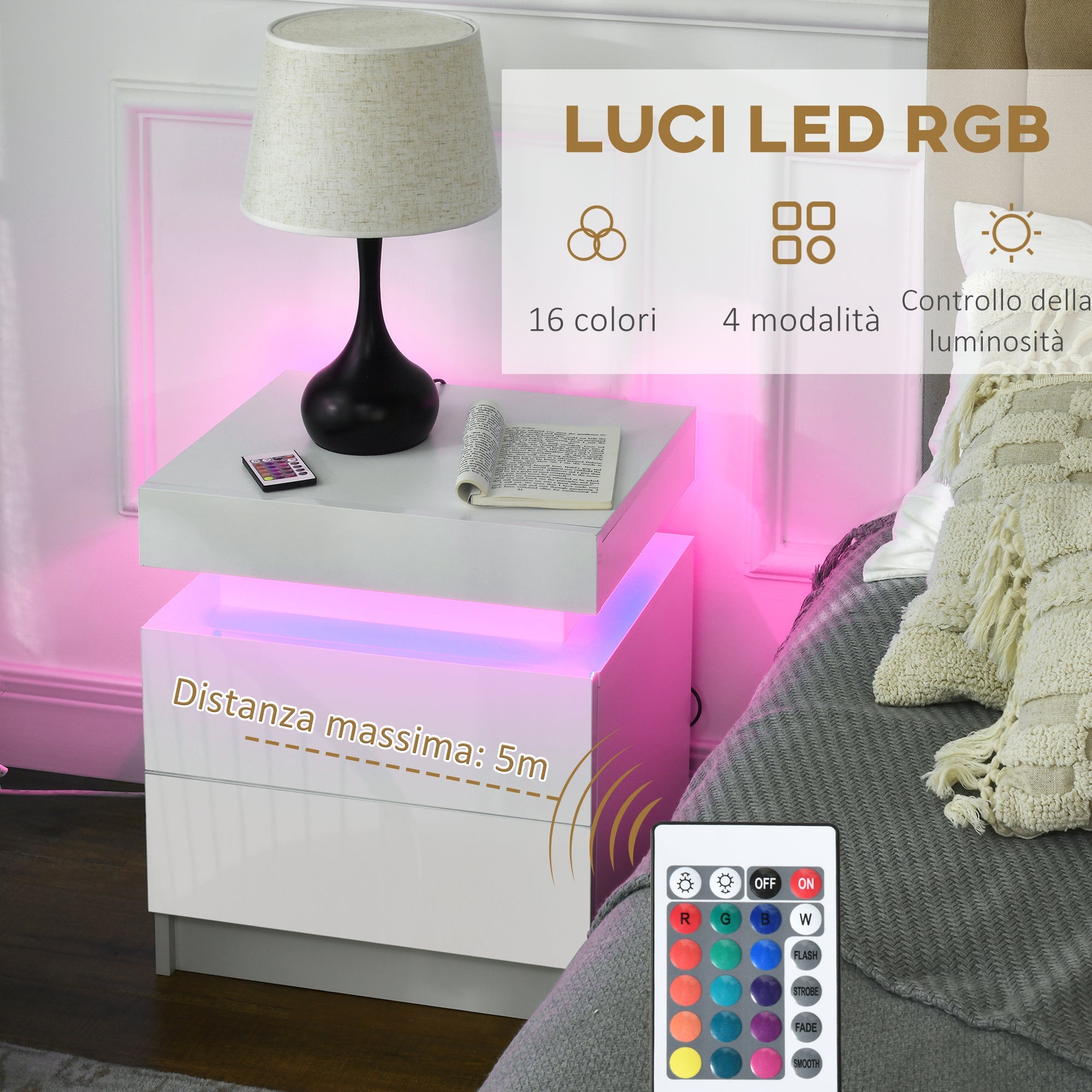 White Bedside Table with LED Light, High Gloss Front Nightstand with 2 Drawers, for Living Room, Bedroom-3