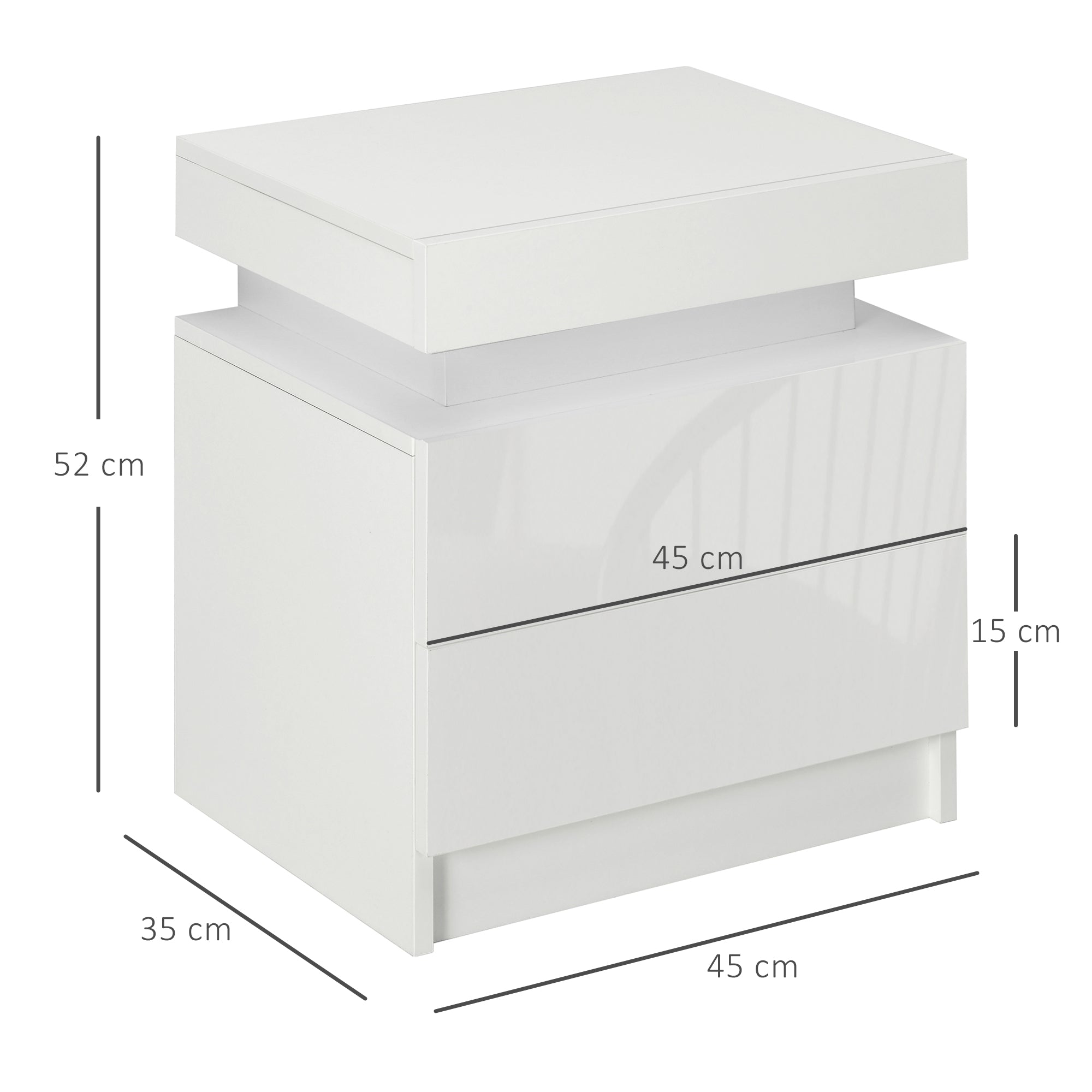 White Bedside Table with LED Light, High Gloss Front Nightstand with 2 Drawers, for Living Room, Bedroom-2