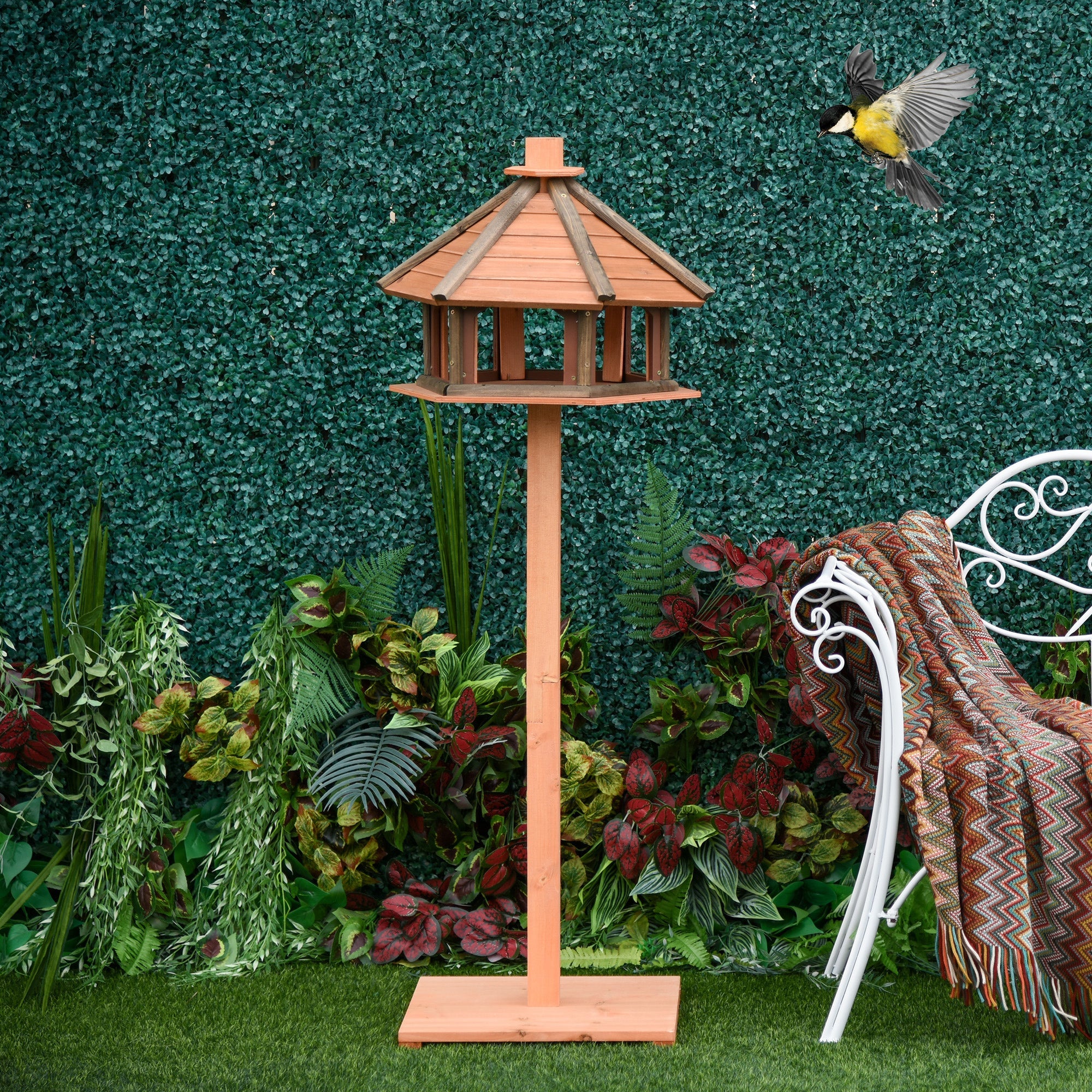 Wooden Bird Feeder Bird Table Bird House Playstand with Water-resistant Roof 130cm for Outside Use Brown-1