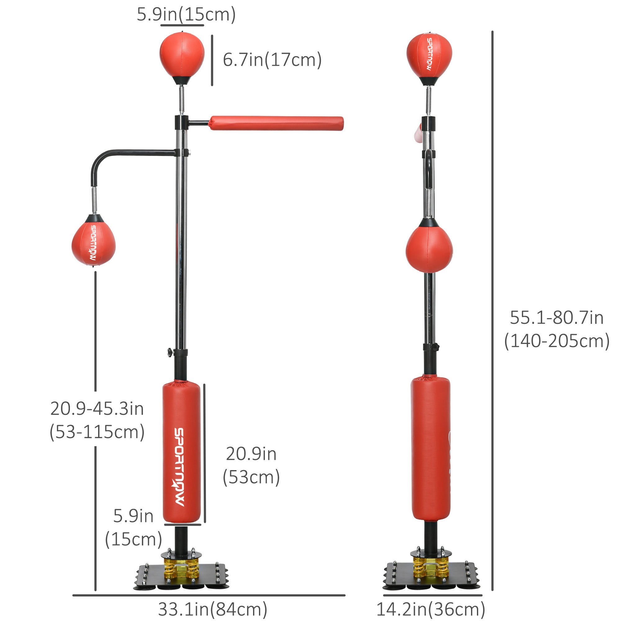 140-205cm Inflatable Punch Bag w/ Reaction Bar Challenge, Freestanding Punching Bag Training Equipment w/ Suction Cups, MMA Equipment, Red-2