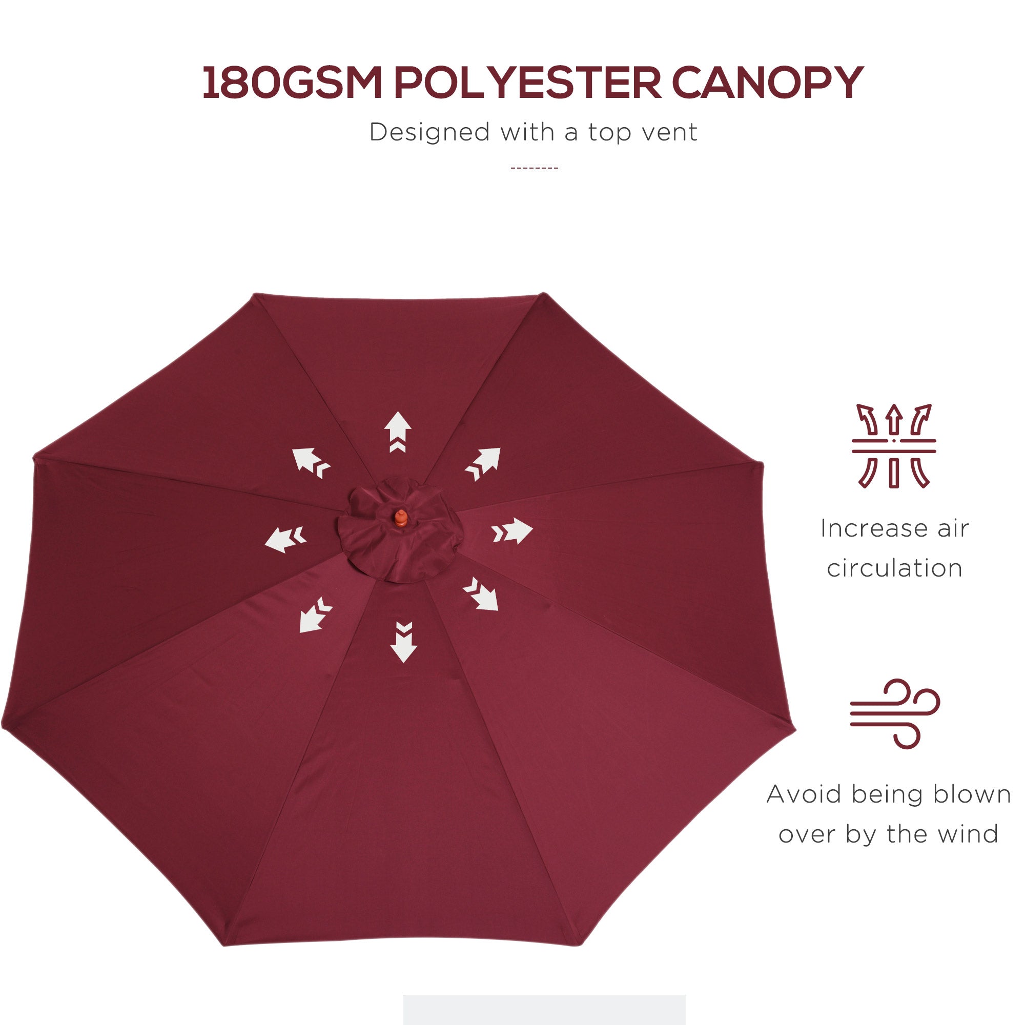 ⌀3m Bamboo Wooden Market Patio Umbrella Garden Parasol Outdoor Sunshade Canopy, 8-ribs,Wine Red-4