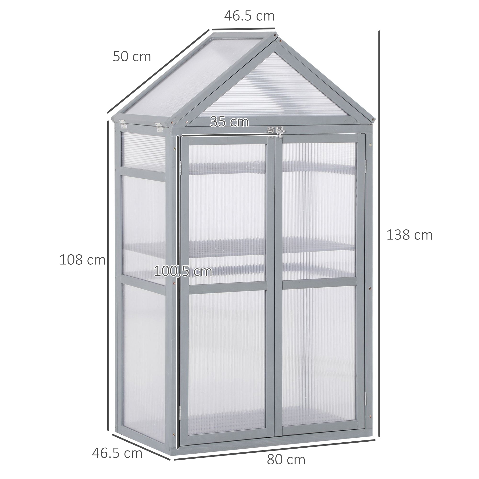 3-Tier Wooden Cold Frame Greenhouse Garden Polycarbonate Grow House w/ Adjustable Shelves, Double Doors, 80 x 47 x 138cm, Grey-2