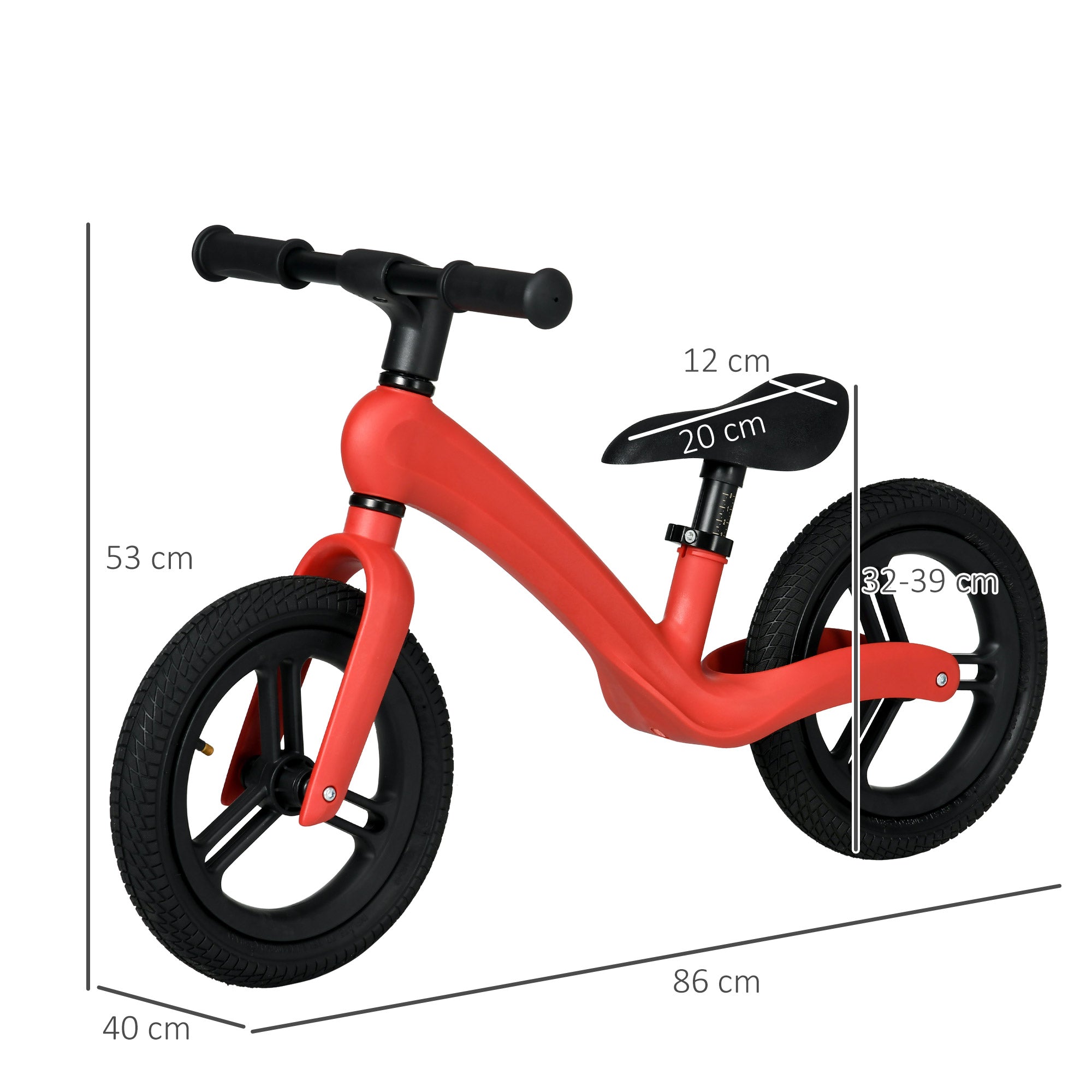 12" Kids Balance Bike, Lightweight Training Bike for Children No Pedal with Adjustable Seat, Rubber Wheels - Red-2