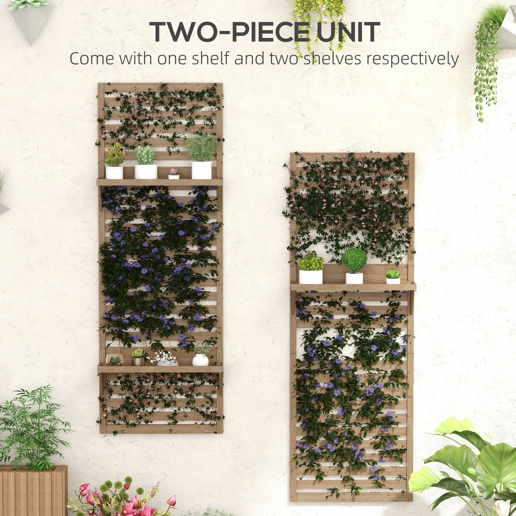 Wall Mounted Plant Stands Set of 2, Fir Wood Flower Stand with Shelves and Slatted Trellis for Patio, Balcony, Porch-3