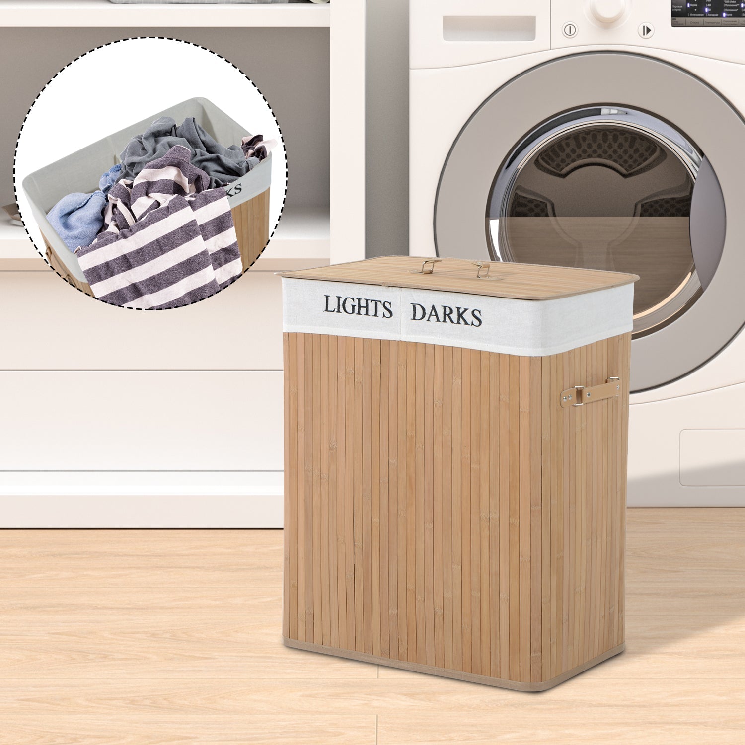 100L Collapsible Natural Wood Laundry Hamper Organizer Clothes Washing Basket Bin Storage Box w/Lid Removable Lining 52x32x63cm, Wood Color-1