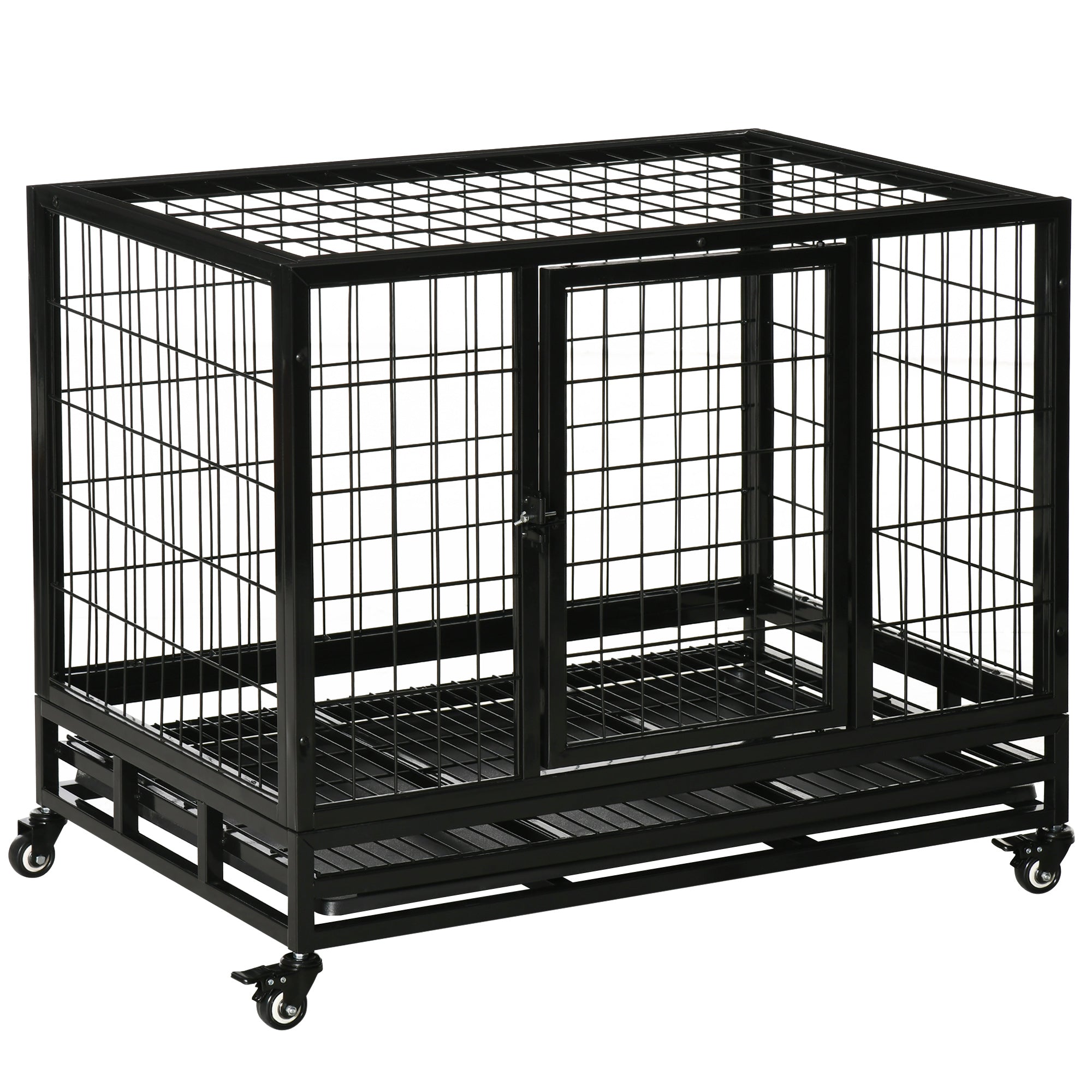 38" Heavy Duty Metal Dog Kennel Pet Cage with Crate Tray and Wheels - Black (Medium)-0