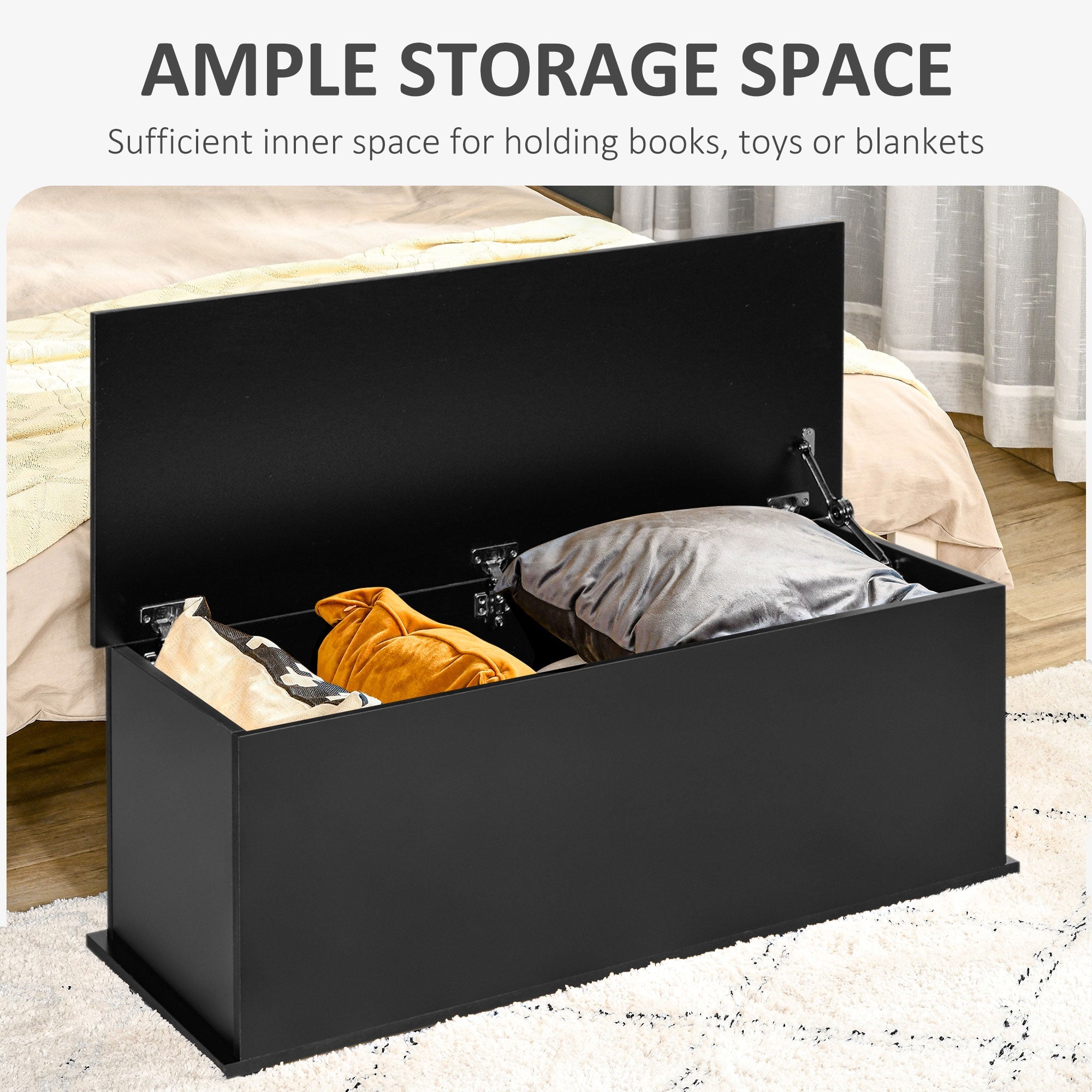 Wooden Storage Box Clothes Toy Chest Bench Seat Ottoman Bedding Blanket Trunk Container with Lid - Black-3