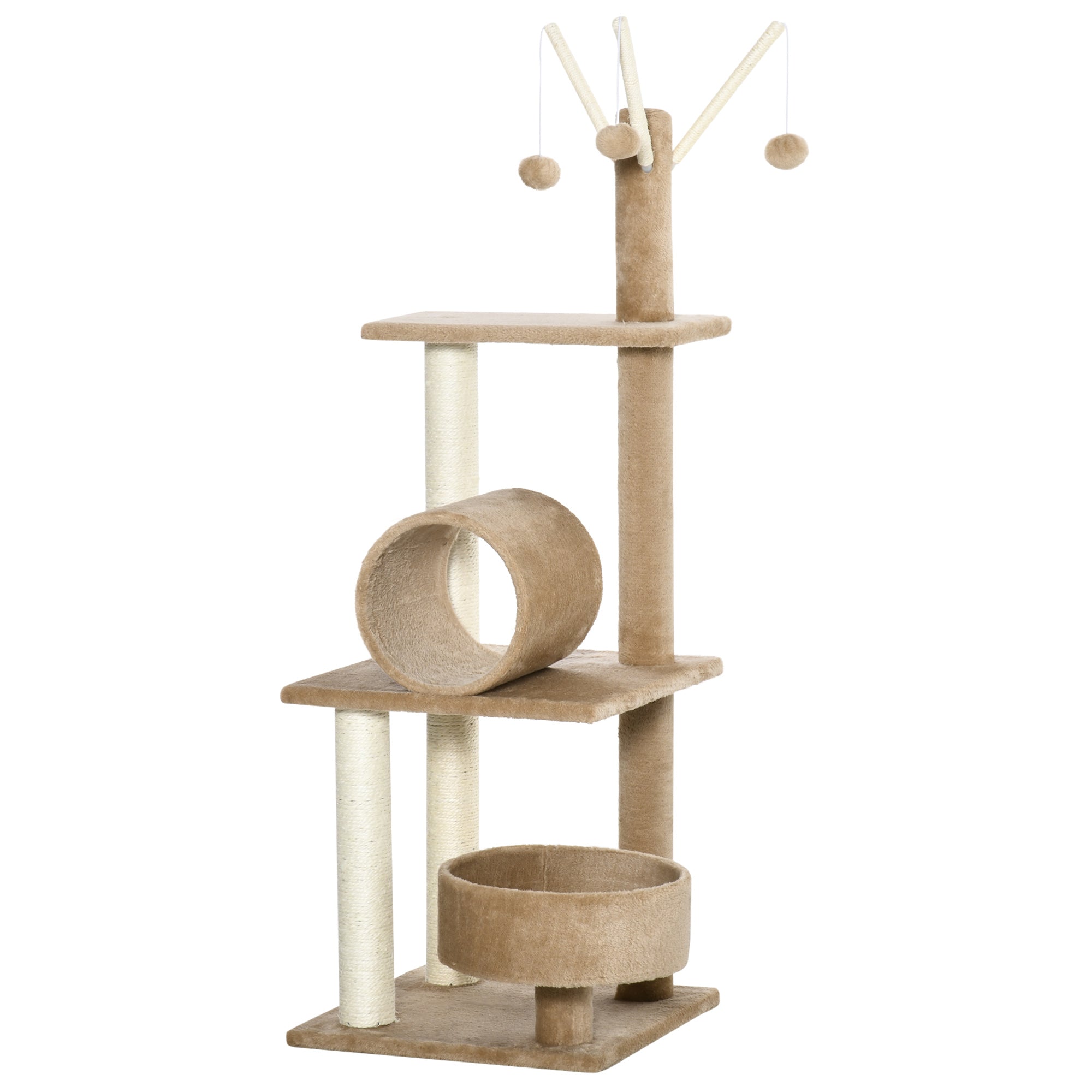 121cm Cat Tree Tower Kitten Activity Center Scratching Post with Bed Tunnel Perch Interactive Ball Toy Brown-0