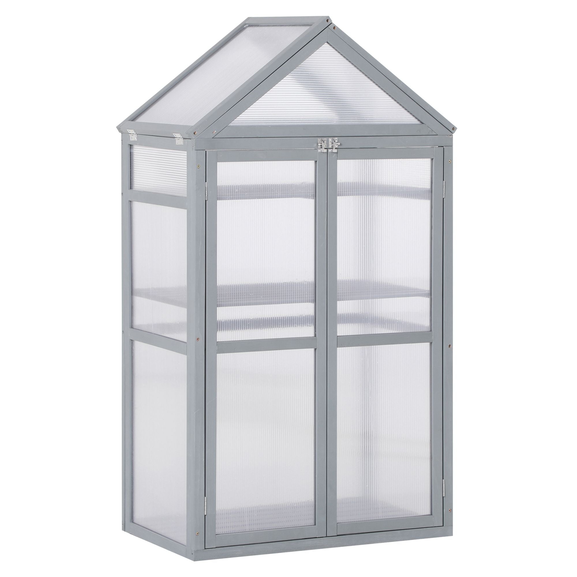 3-Tier Wooden Cold Frame Greenhouse Garden Polycarbonate Grow House w/ Adjustable Shelves, Double Doors, 80 x 47 x 138cm, Grey-0