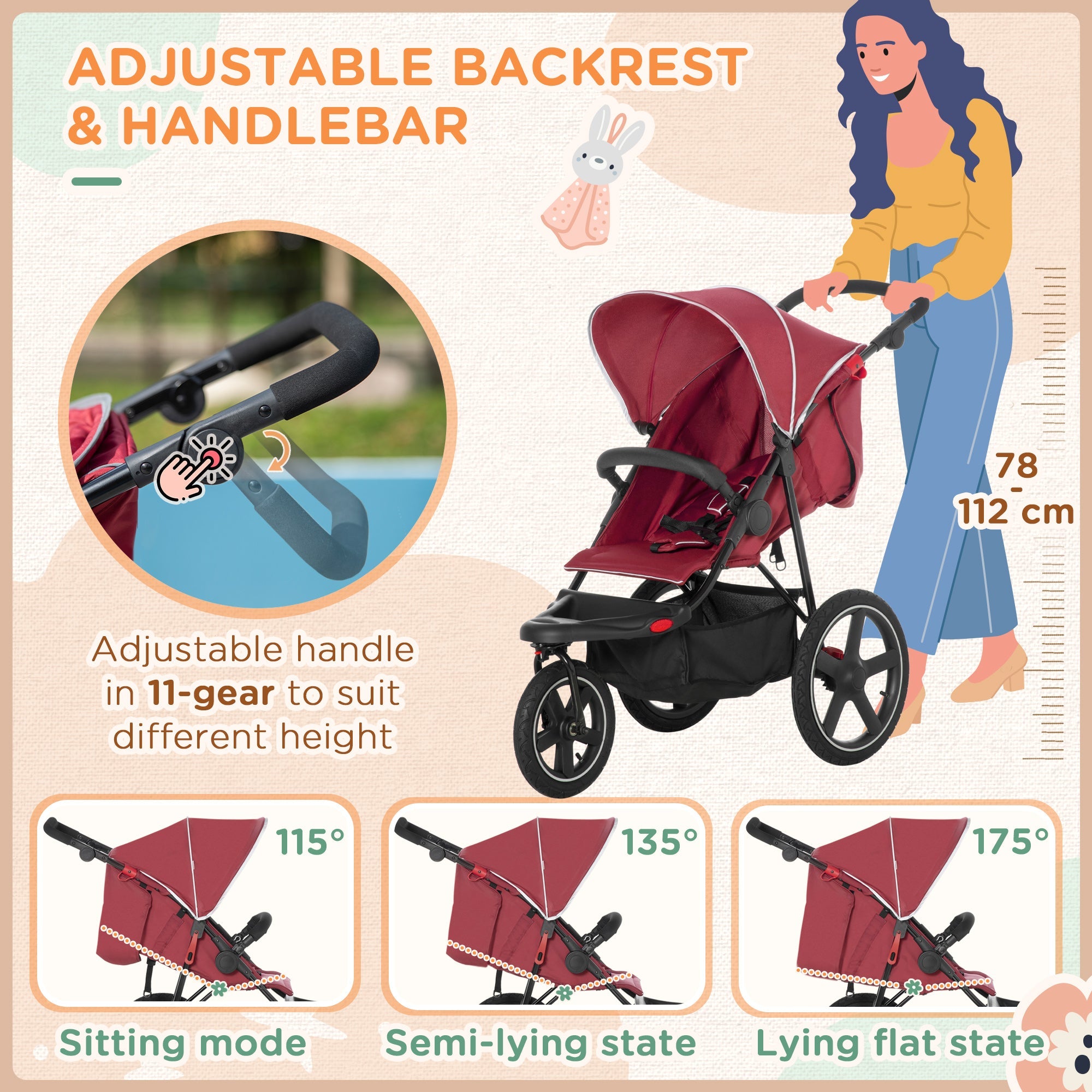 Foldable Three-Wheeler Baby Stroller w/ Canopy, Storage Basket - Red-4