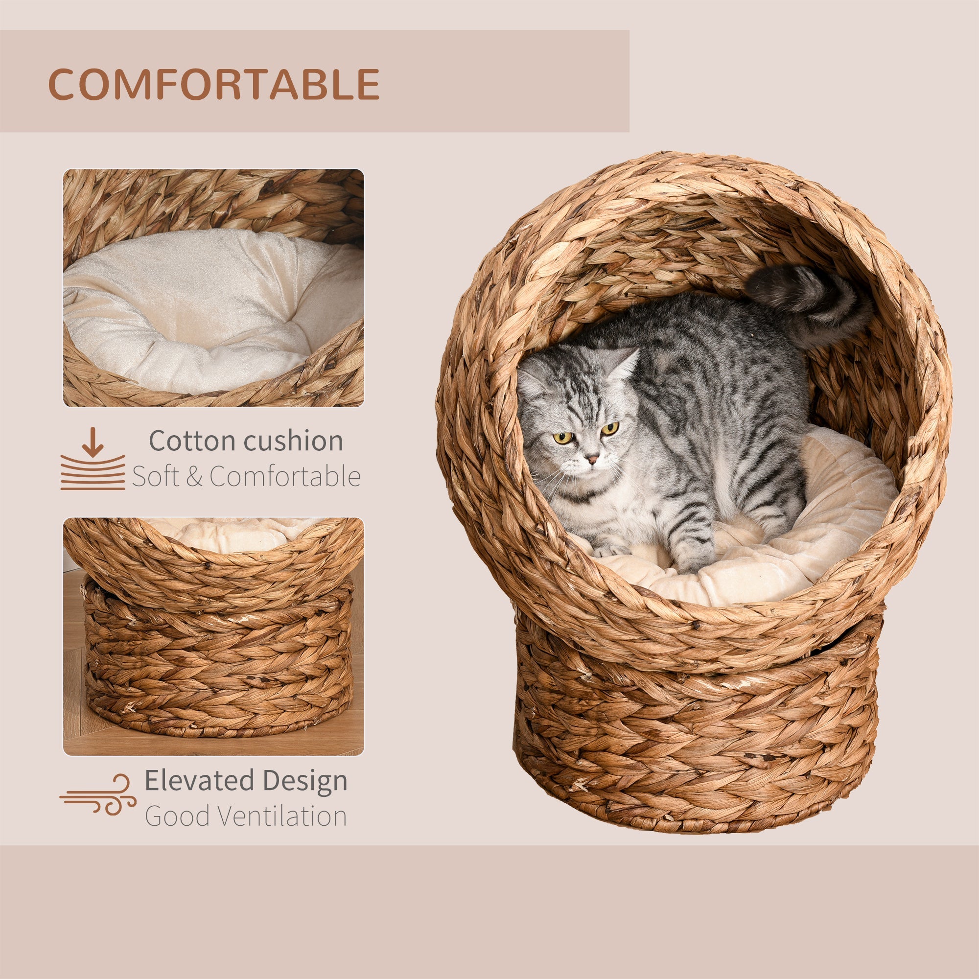 Wicker Cat Bed, Raised Rattan Cat Basket with Cylindrical Base, Soft Washable Cushion, Brown, 42 x 33 x 52 cm-3