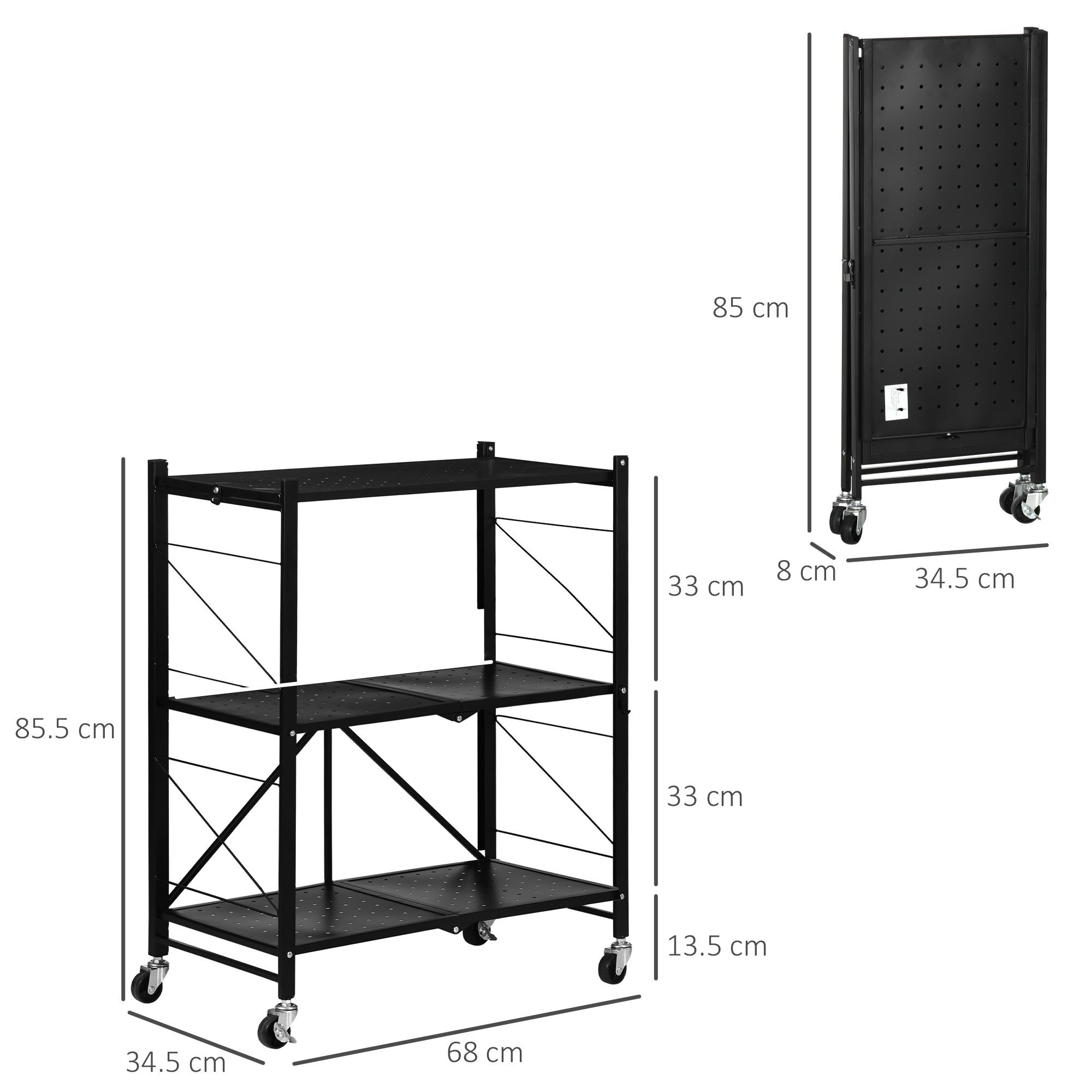 3-Tier Storage Trolley Cart, Foldable Rolling Cart for Kitchen, Living Room and Bathroom, 68 x 34.5 x 85.5 cm, Black-2