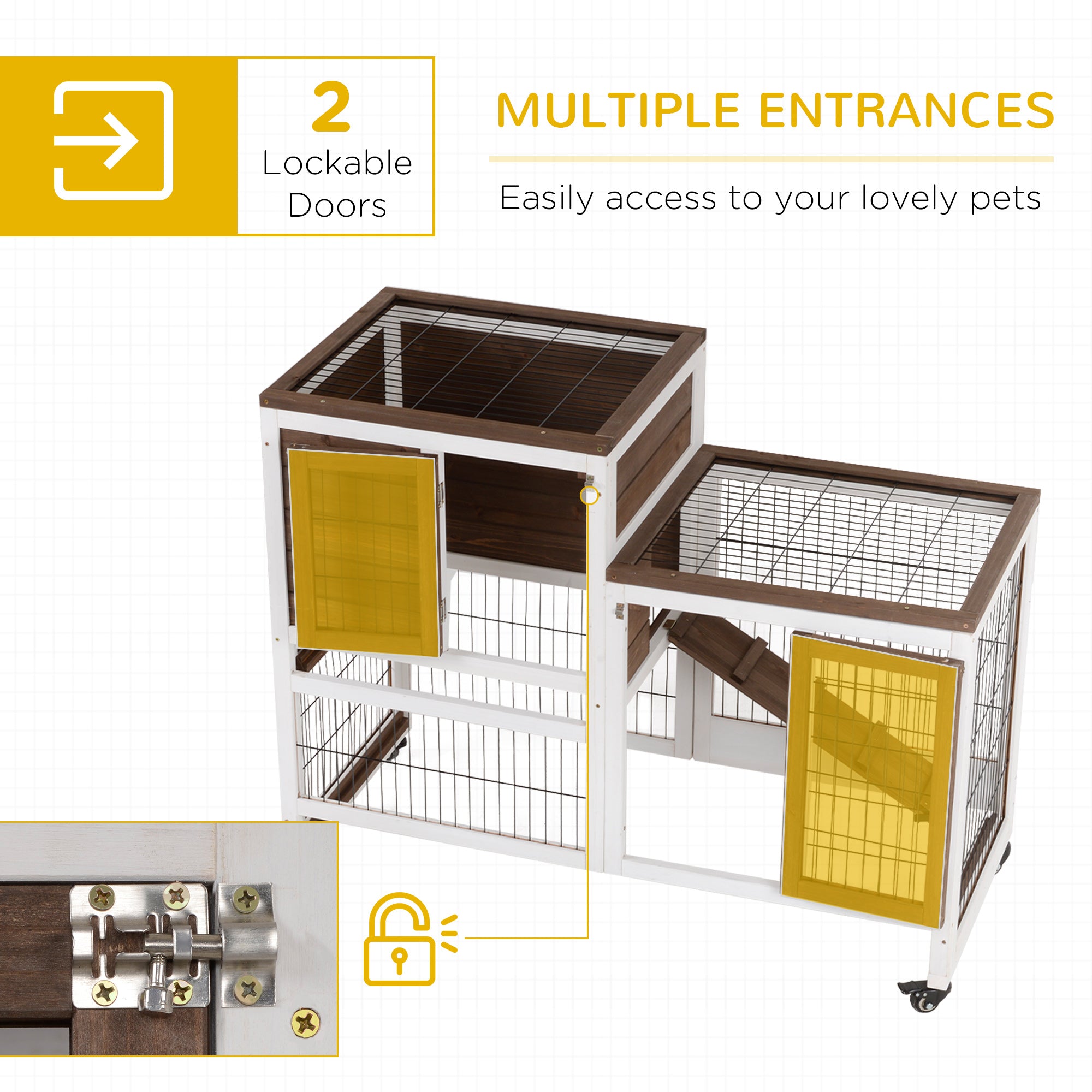 Wooden Indoor Rabbit Hutch Guinea Pig House Bunny Small Animal Cage W/ Wheels Enclosed Run 110 x 50 x 86 cm, Brown-4