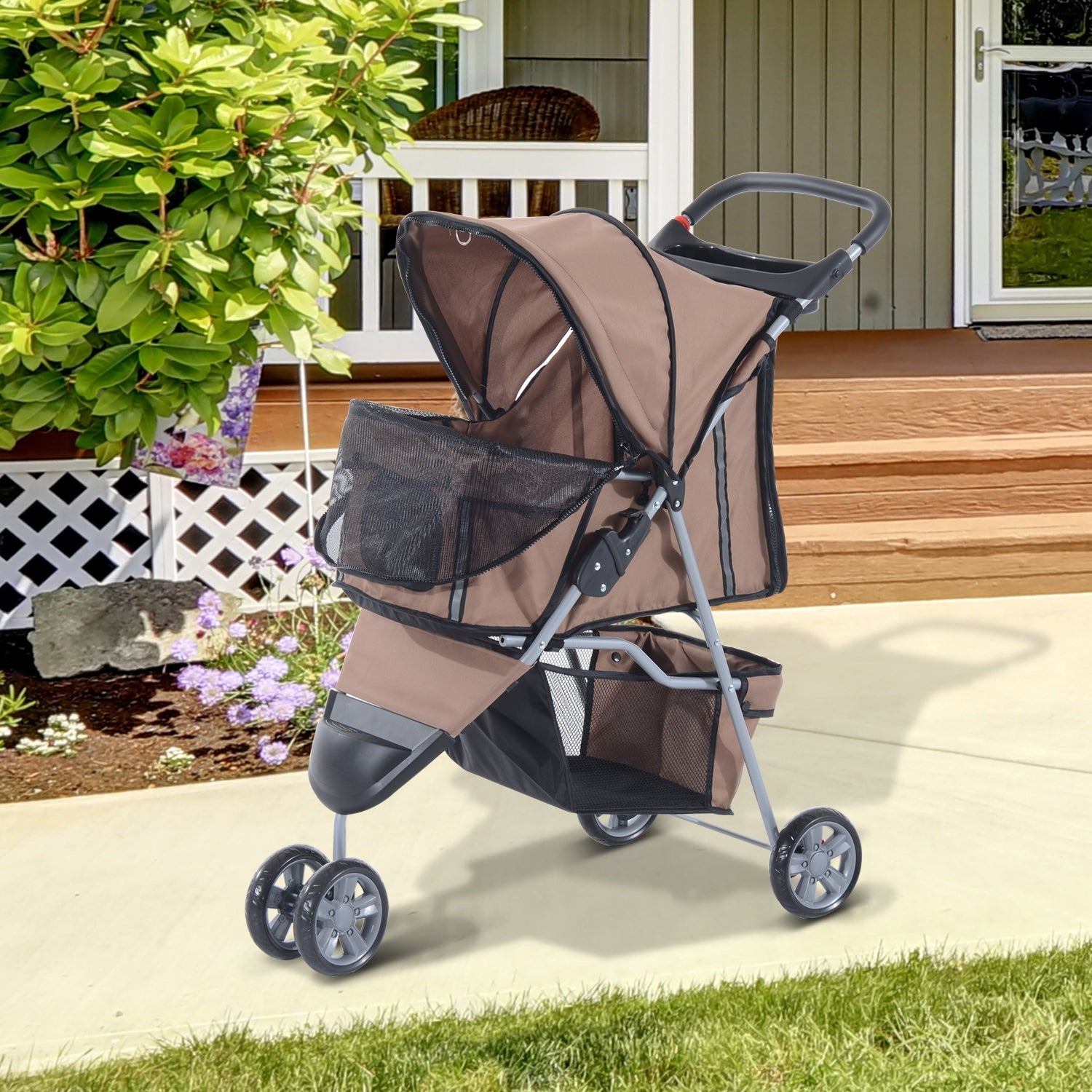 Dog Pram Pet Travel Stroller Dog Pushchair W/Three Wheels-Coffee-1