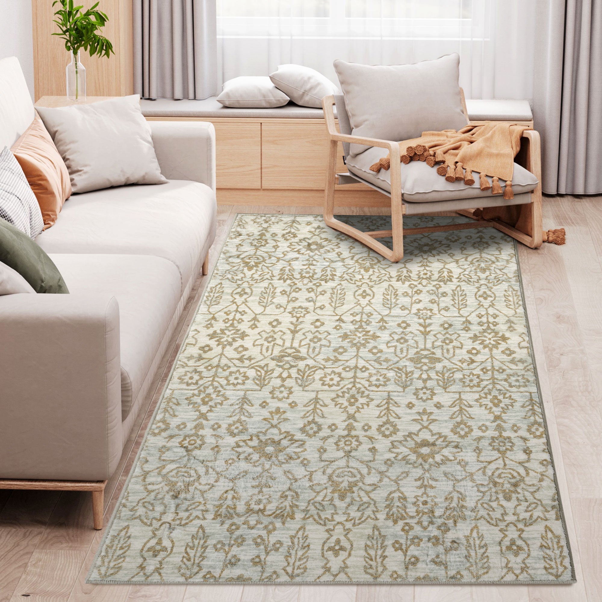 Beige Rug, Floral Pattern Area Rugs, Decorative Carpet for Living Room, Bedroom, Dining Room, 150 x 80cm-0