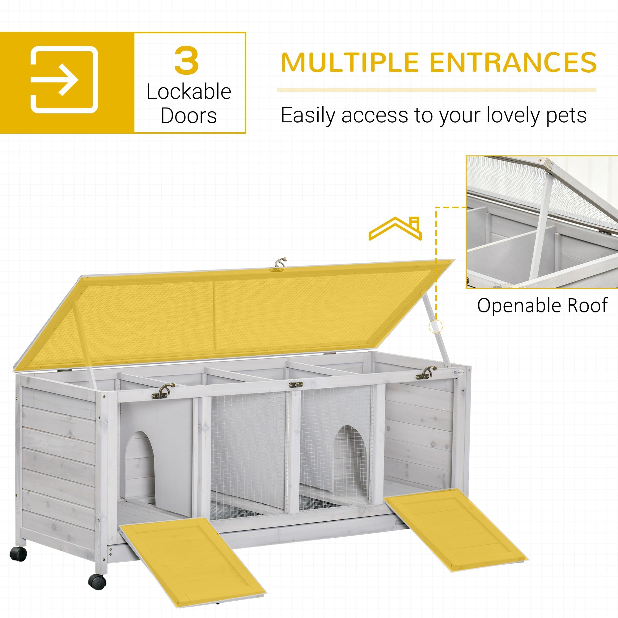 Wooden Rabbit Hutch, Mobile Guinea Pig Cage, Separable Bunny Run, Small Animal House with Wheels, Slide-out Tray, 138 x 53 x 61cm, Light Grey-4