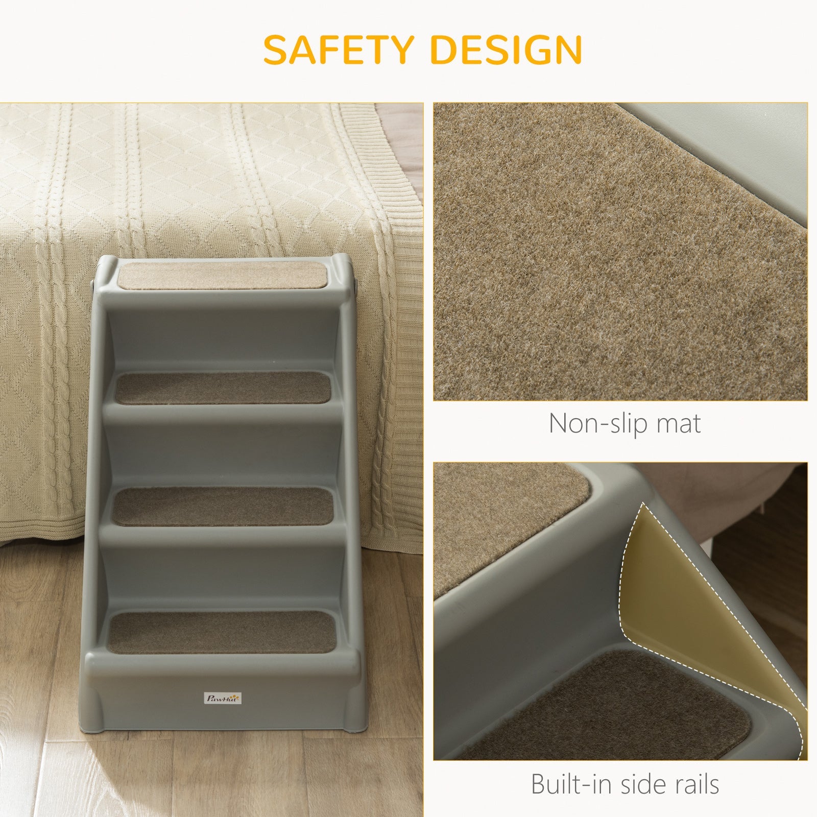 Foldable Pet Stairs, 4-Step for Cats Small Dogs with Non-slip Mats, 62 x 38 x 49.5 cm, Grey-4