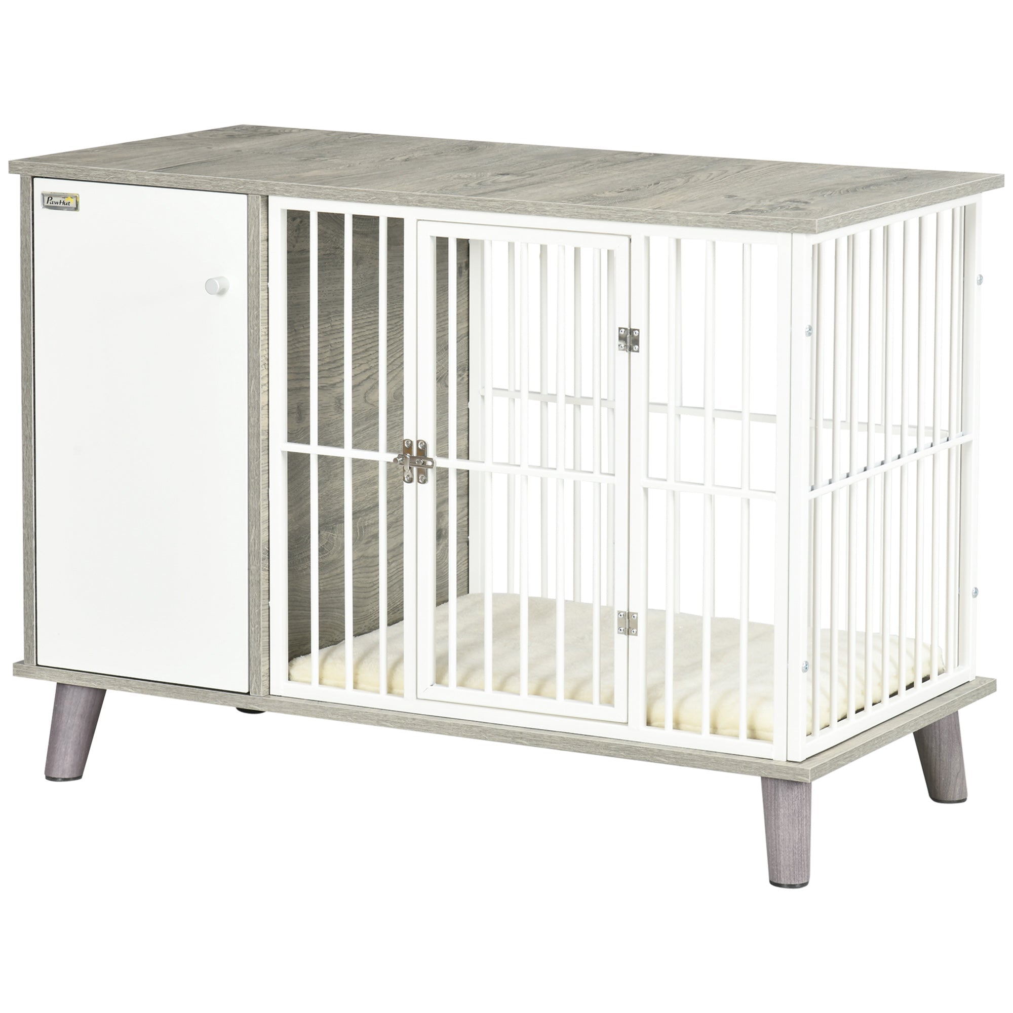 Dog Crate Furniture, Indoor Pet Kennel Cage, Top End Table w/ Soft Cushion, Lockable Door, for Small Dogs, 98 x 48 x 70.5 cm - Grey-0