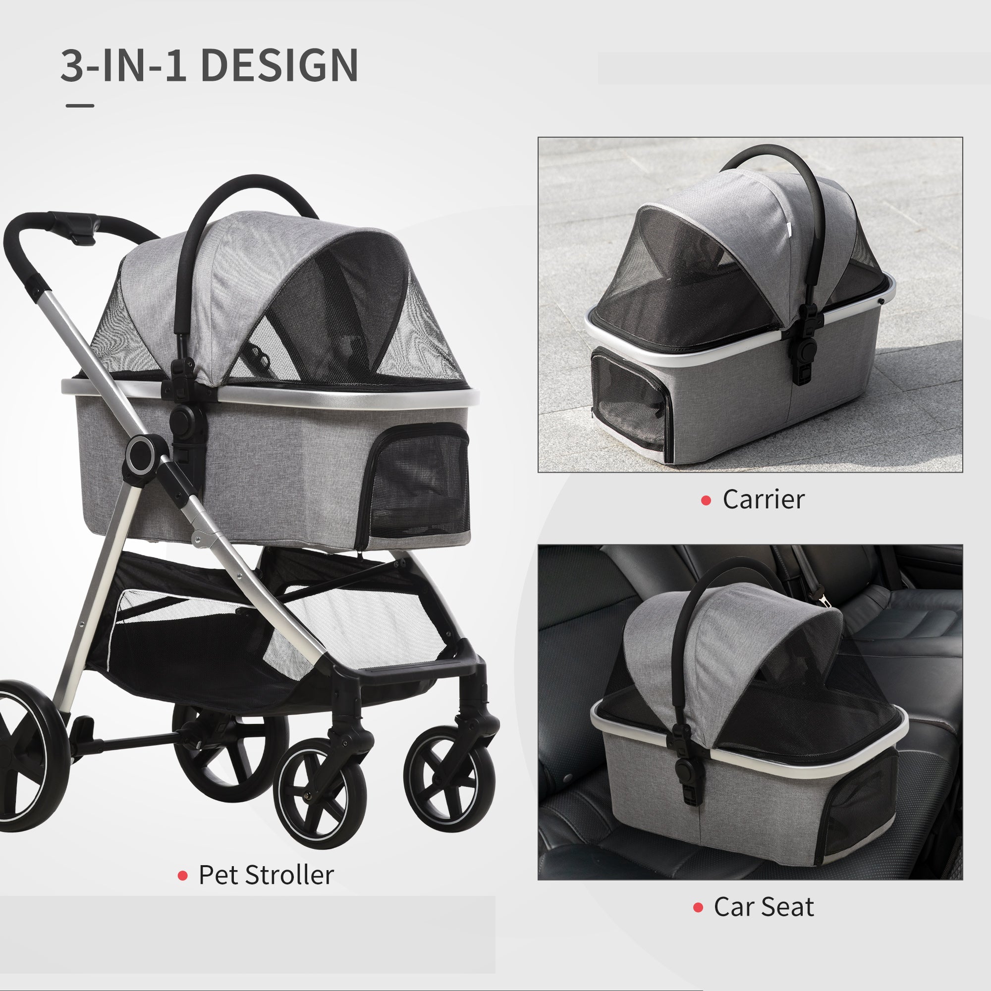 3-In-1 One Click Foldable Pet Stroller Detachable Dog Cat Travel Pushchair Car Seat with EVA Wheels Basket Safety Leash Cushion Light Grey-4