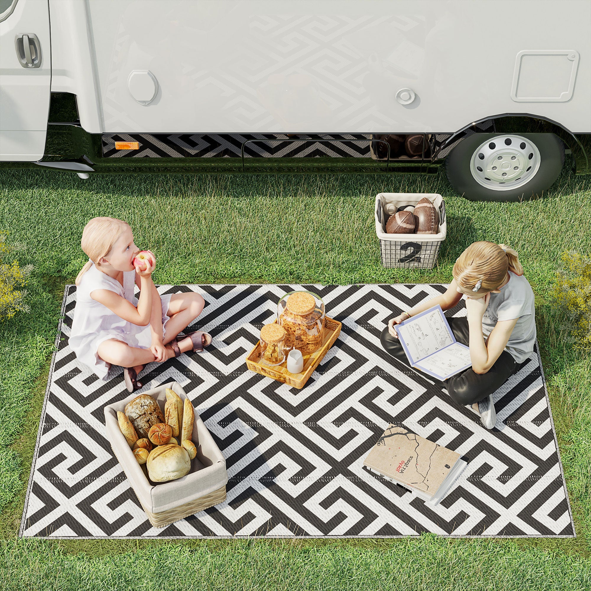 121 x 182 cm(4x6ft) Outdoor Patio Rug Reversible Mat Plastic Straw Rug Portable RV Camping Mat for Garden Deck Picnic Indoor, Black & White-1